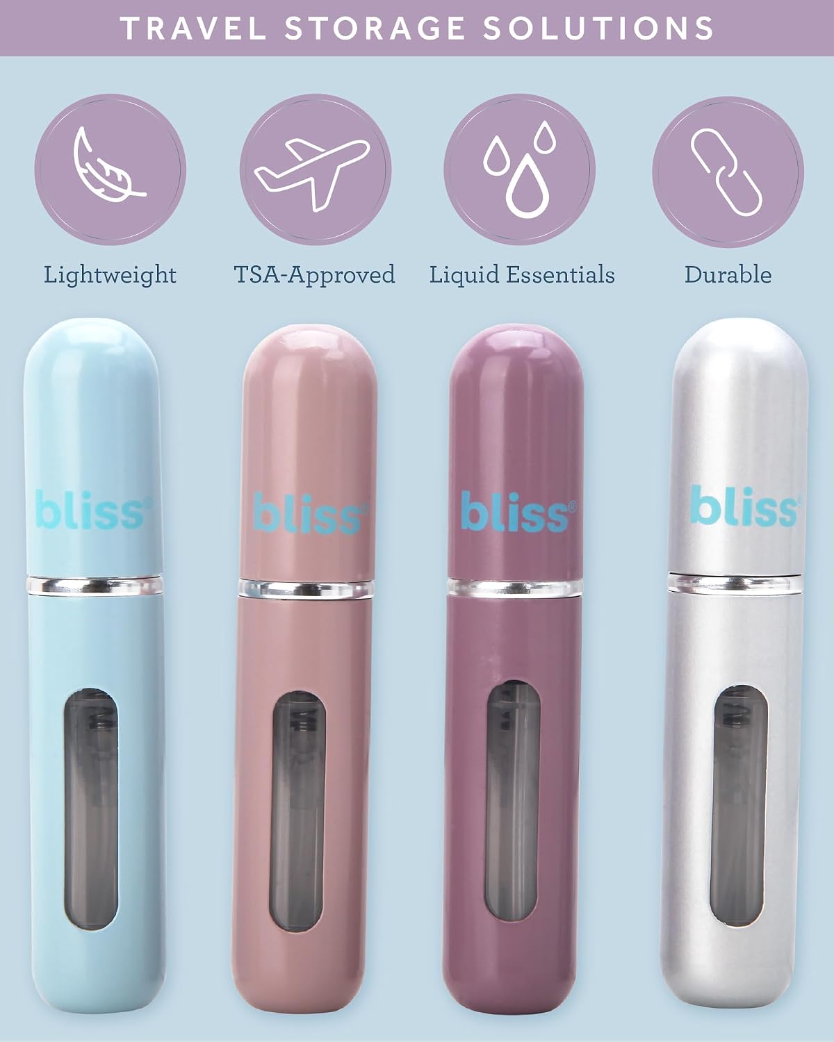 Bliss Atomizer Spray Bottle Set - 4 Pack TSA-Approved Leak Proof Refillable Small Travel Spray Bottle and Perfume Atomizer, Size One Size, Multicolor
