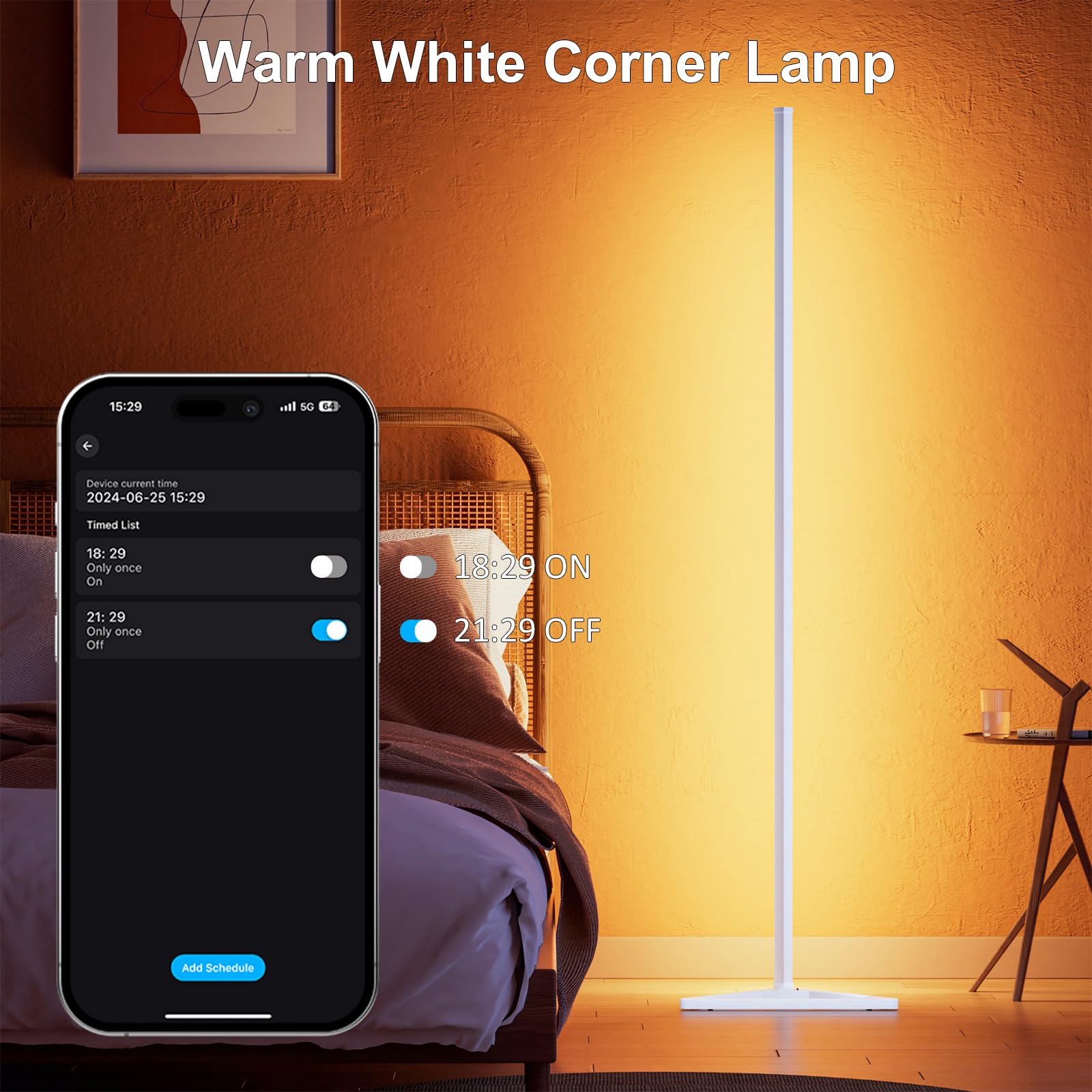 Lámpara de pie de esquina blanca, lámpara de esquina LED RGB inteligente con aplicación y control remoto, 16 millones de colores y más de 68 escenas, sincronización de música, ajuste de