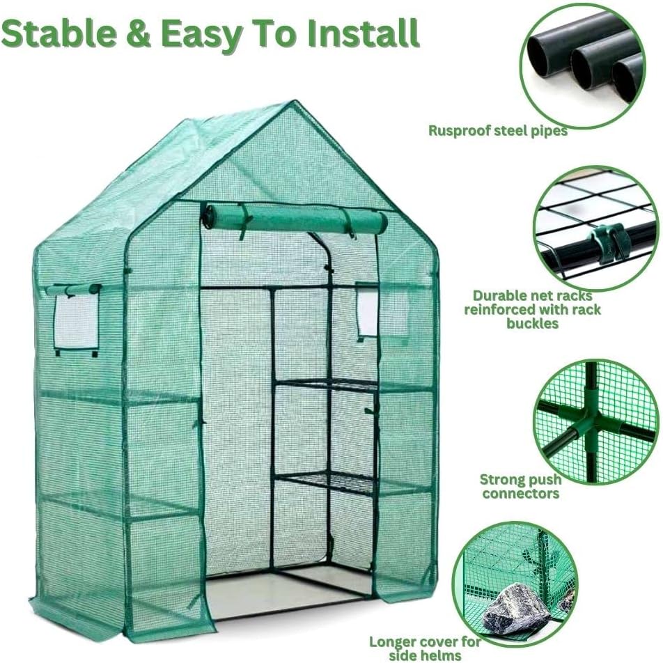 Greenhouse for Outdoors Walk in Greenhouses Heavy Duty with Durable PE Cover, 2 Mesh Windows, 3 Tiers 4 Shelves with Roll-up Zipper Door, Indoor Portable Gardening Plant House 56'' x 29'' x 77'' Green