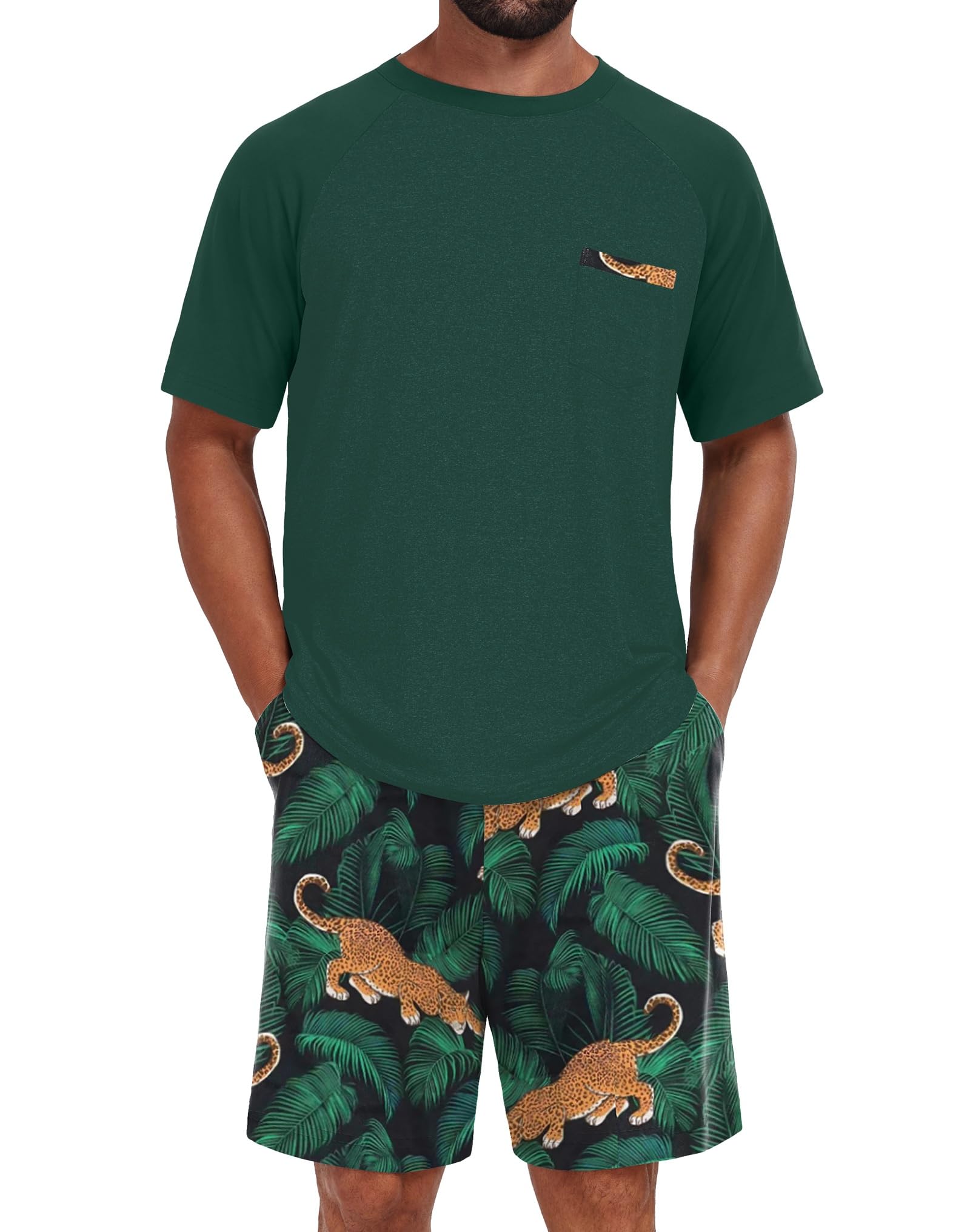 Mens Pajamas Set Shirt and Shorts Lightweight Summer Sleepwear