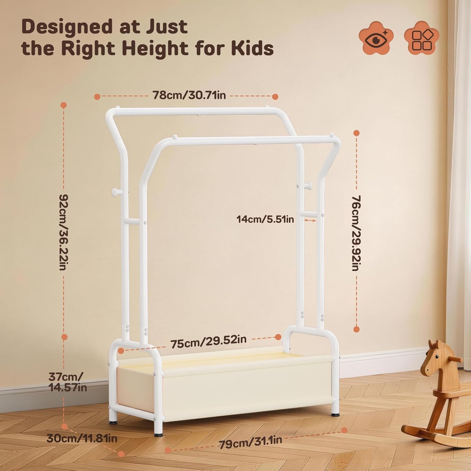 Kids Clothing Rack with Double Hanging Rods and Storage Basket, Child-Height Dress Up Storage for Toddler, Open Kids Closet for Baby Clothes, Costumes, Shoes and Toy, Kids Clothes Rack Bedroom (White)