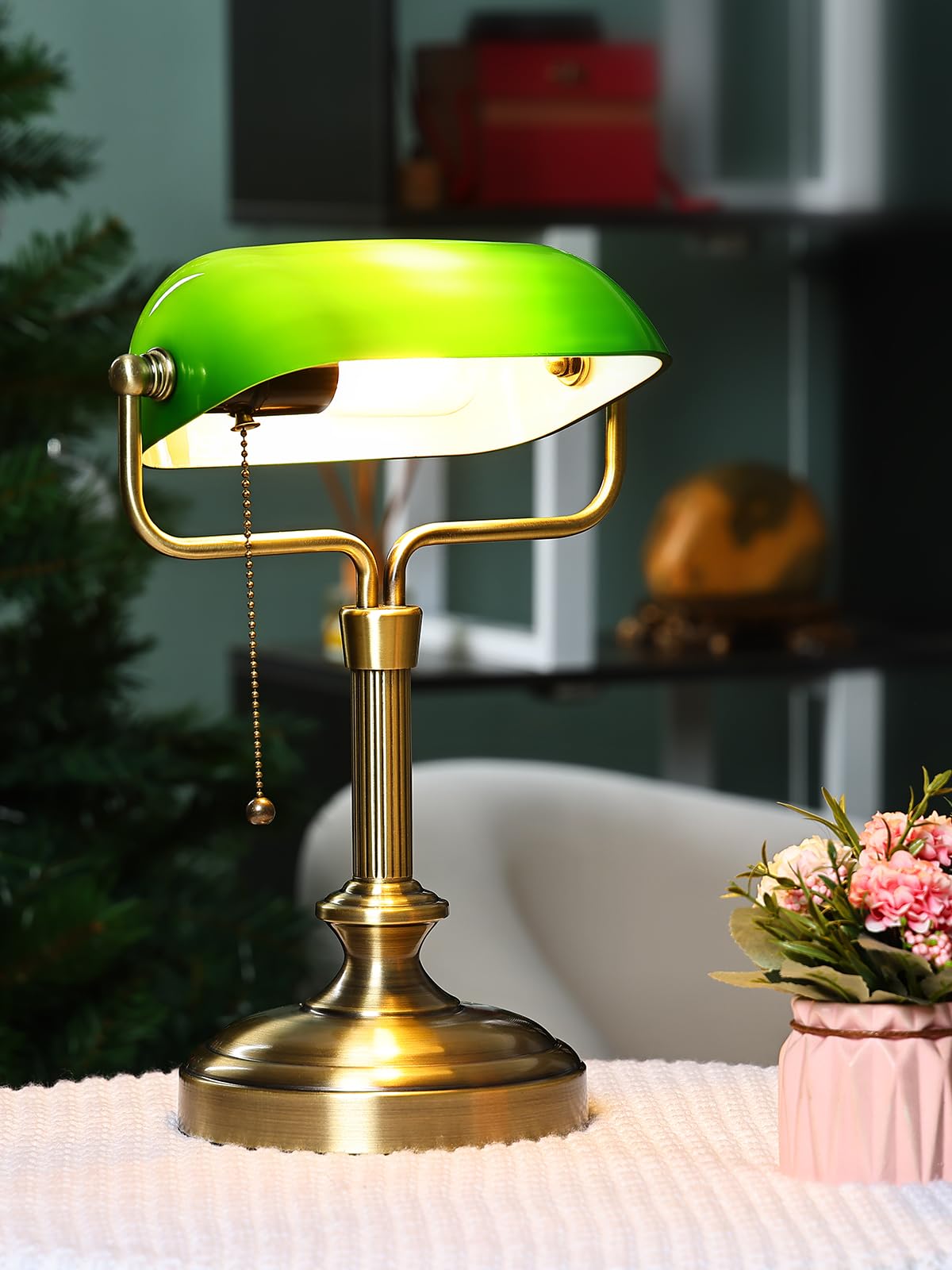 Green Bankers Lampe de bureau, abat-jour en verre réglable, lampe vintage avec interrupteur à chaîne pour bureau à domicile, lampe piano, ampoule LED 6 W incluse (bronze antique + vert)