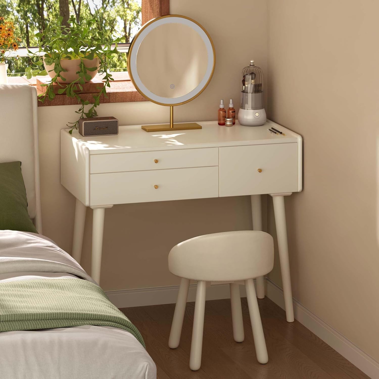 White Creamy Style Vanity Desk, Solid Rubberwood Dressing Table, Study Desk and Vanity Table for Bedroom, 18" D x 29" W x 32" H (NO Mirror and NO Stool, only Vanity Desk)