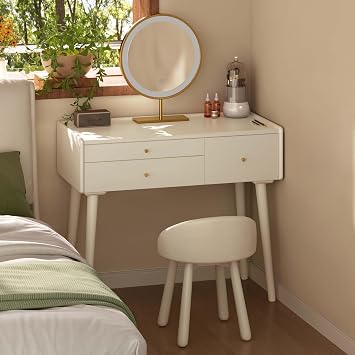 White Creamy Style Vanity Desk, Solid Rubberwood Dressing Table, Study Desk and Vanity Table for Bedroom, 18" D x 29" W x 32" H NO Mirror and NO Stool, only Vanity Desk