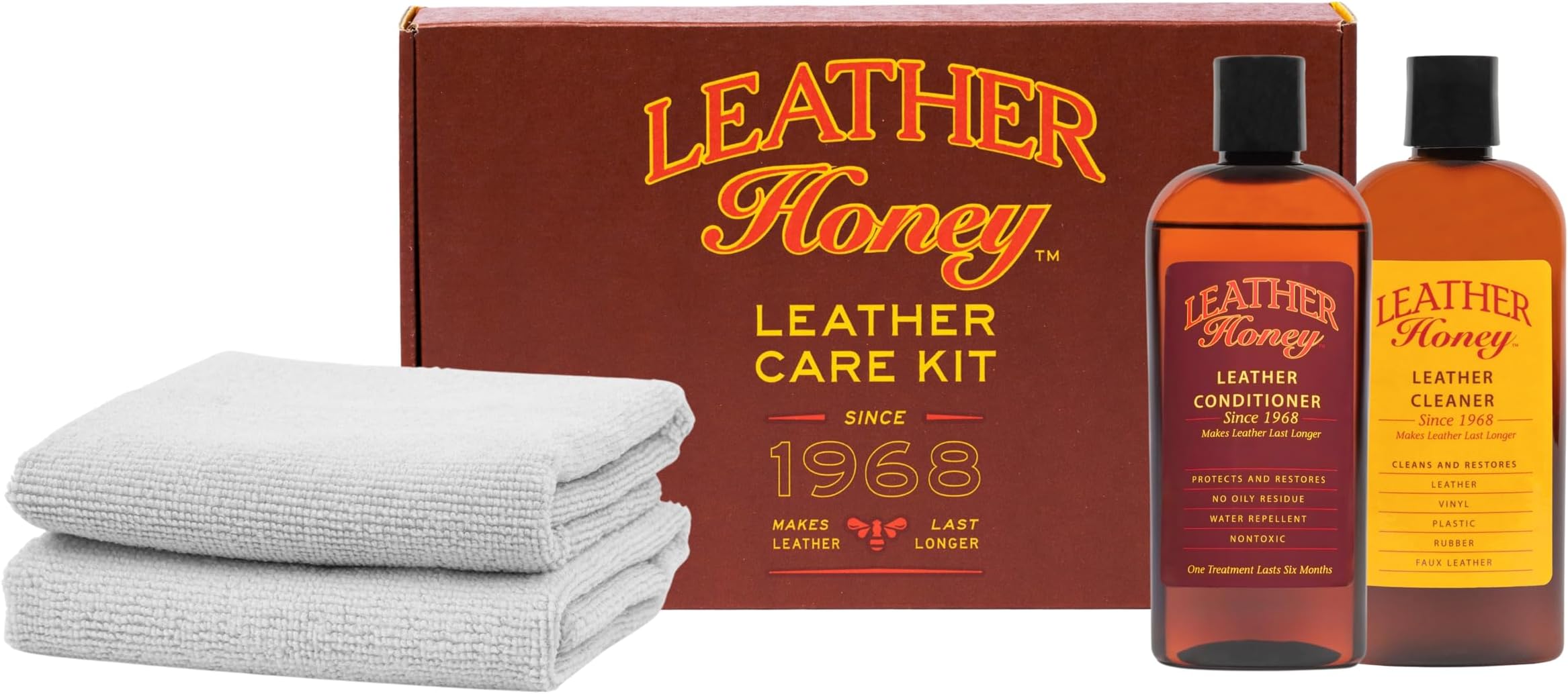 Leather Honey Complete Leather Care Kit: Cleaner, Conditioner, 2 Cloths. Non-Toxic Leather Care Made in the USA Since 1968. Restore Couches, Car Seats & Interior, Jackets, Shoes & Bags. for Any Color