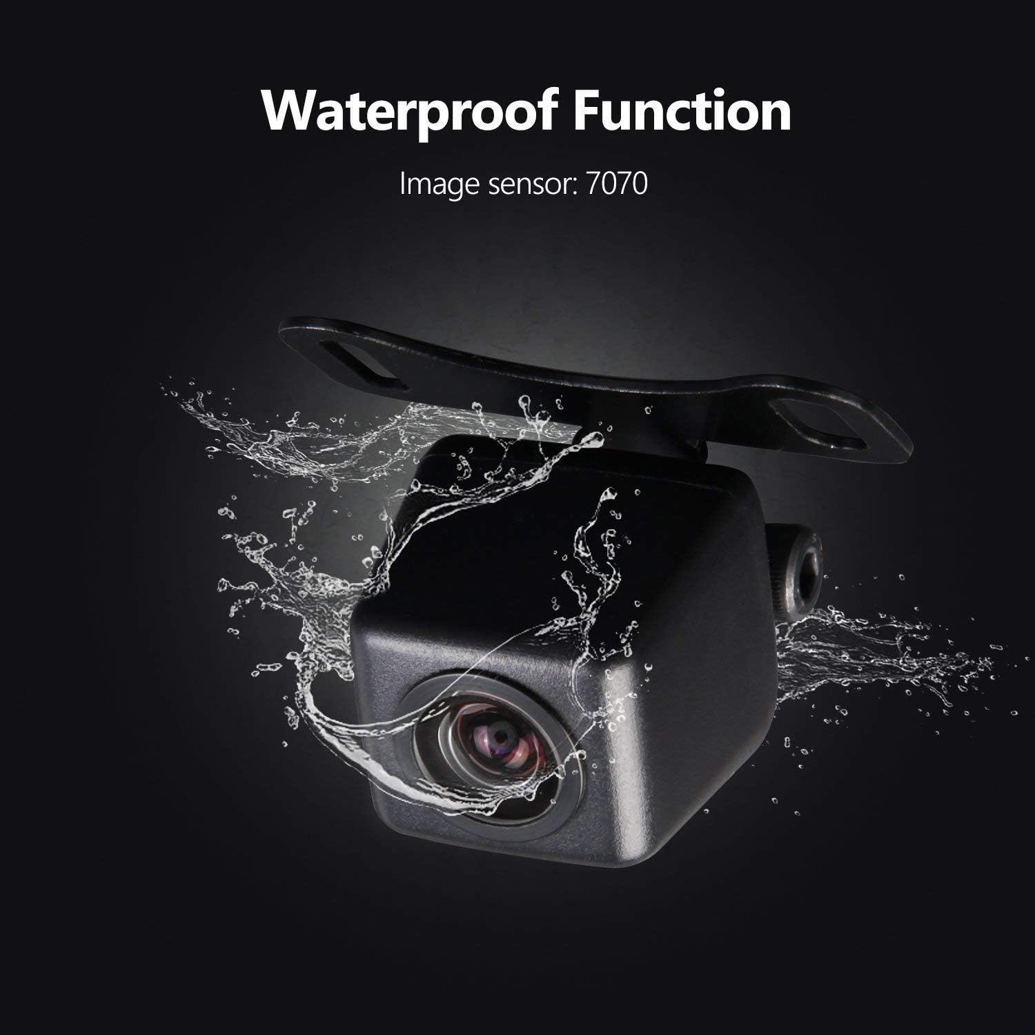 Eonon A0119 backup camera demonstrating its waterproof function with water splashing on the lens.