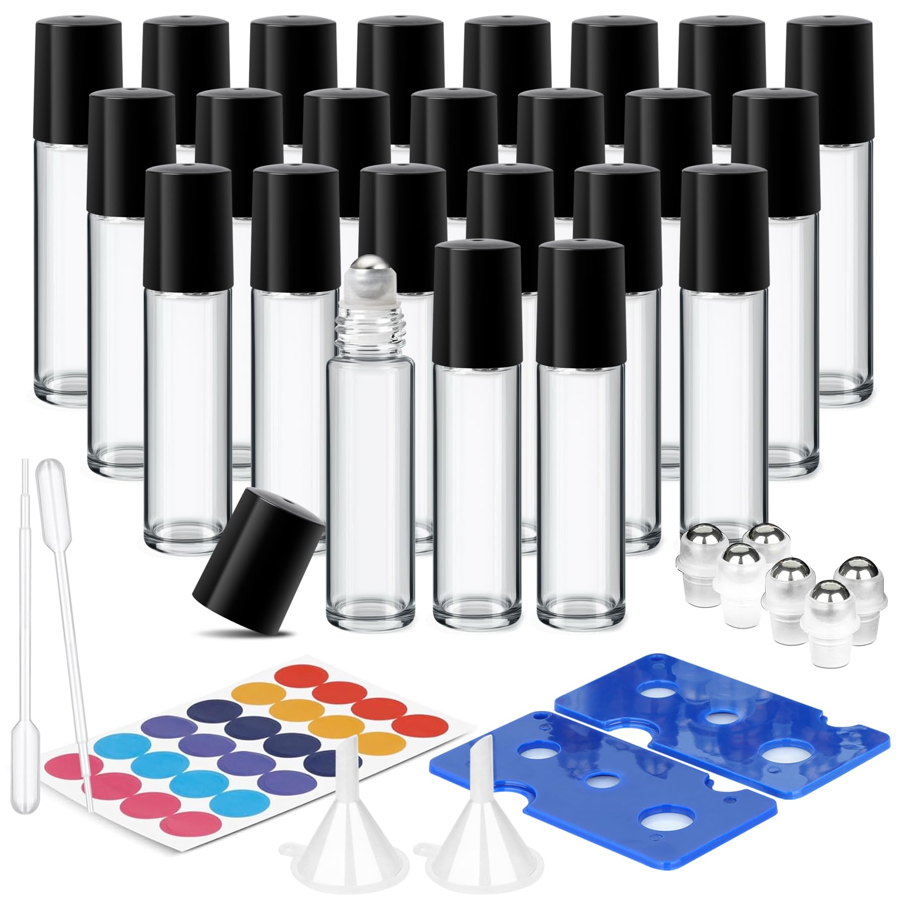 Comsaf 10ml Ätherische Öle Roller Glasflaschen 24er Set Anti-UV Klein Nachfüllbare Containermit mit Edelstahl-Roller Ball, Trichter, Öffner, Etiketten, Pipetten, für Aromatherapie Massage, Transparent