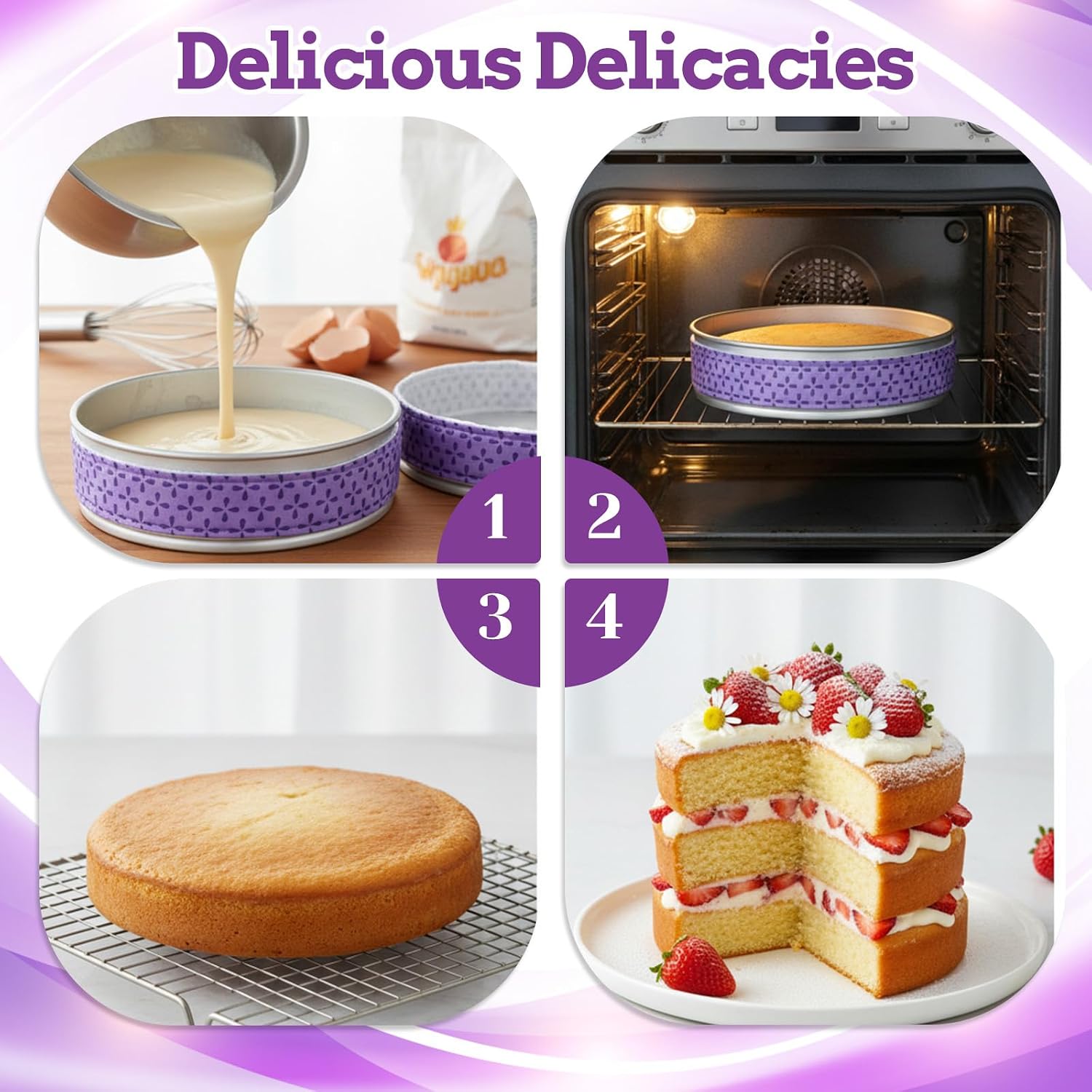 Jeffdad 4pcs Baking Strips, Cake Strip Bake Even Strips Absorbent Thick Cotton Cake Pan Dampen Strip Keeps Cakes More Level Prevents Crowning With Cleaner Edges for Kitchen Bakery Restaurant