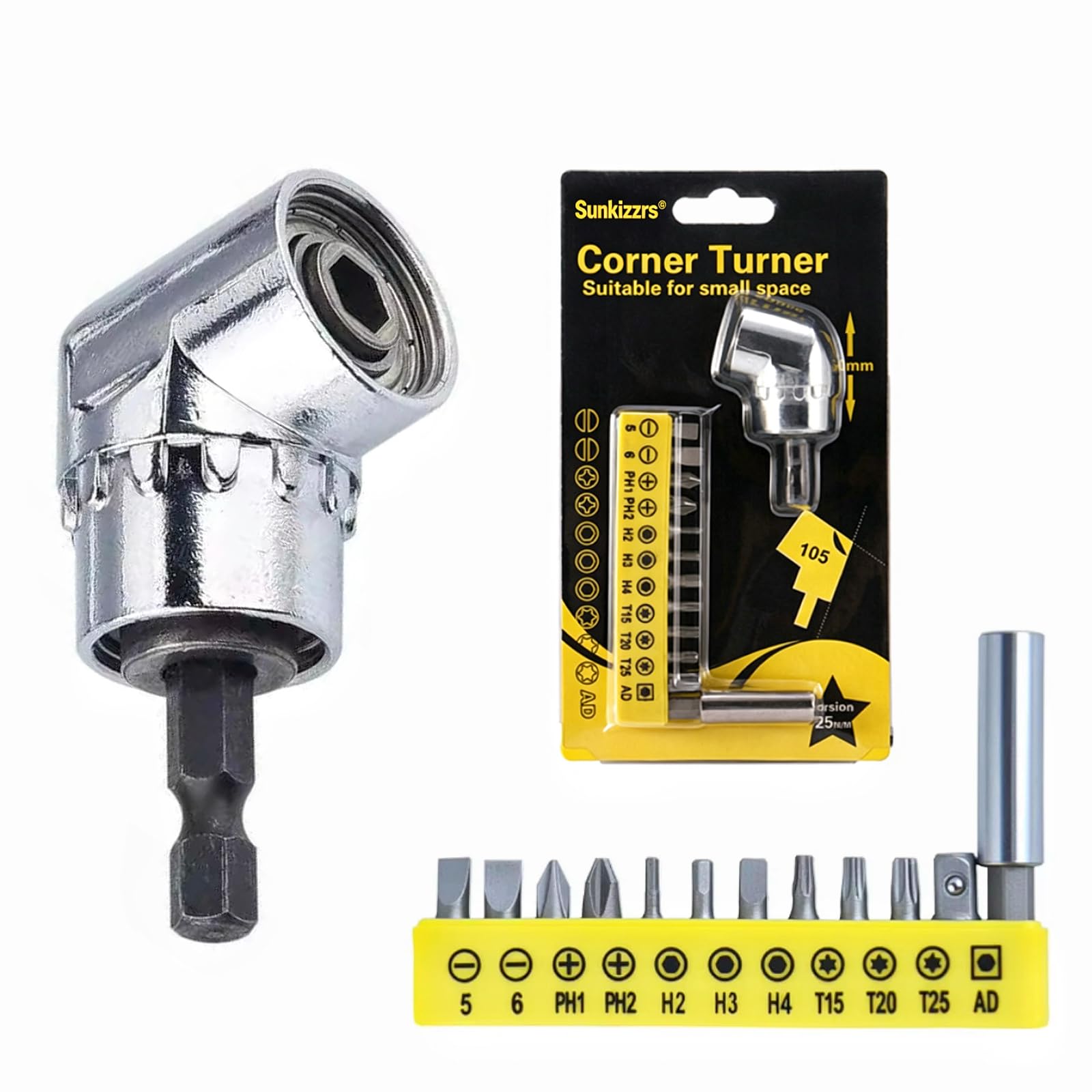 Sunkizzrs® Right Angle Screwdriver Corner Adapter —Magnetic 1/4 Inch Hex Shank 105° Drill Bit Extension —Quick-Change Angled Drill Driver with 12Pcs Screwdriver Bits for Electric Drill (Short)-image-31