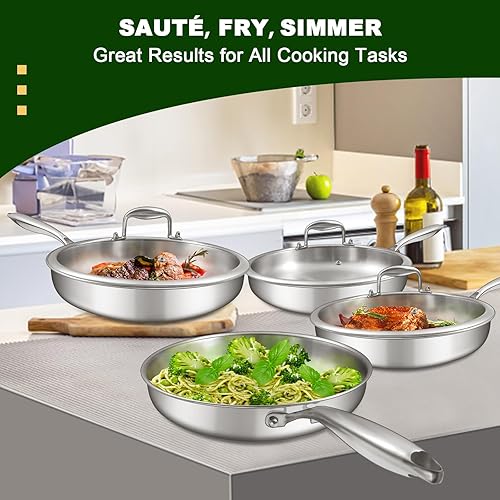 Miniatura 2 de EWFEN Sartén de acero inoxidable de tres capas de 12 pulgadas, compatible con todas las estufas de hasta 600 , sartén grande con tapas, sartén lista