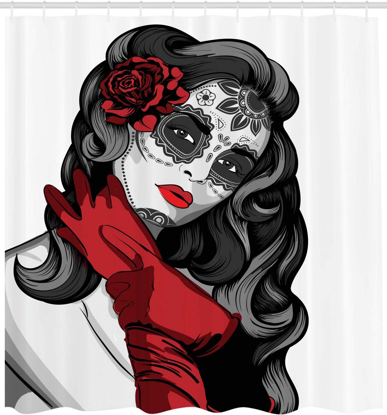 Ambesonne Skull Shower Curtain, Sugar Skull Lady with Mexican Style Floral Evil Gothic Dead Art, Cloth Fabric Bathroom Decor Set with Hooks, 69" W x 70" L, Scarlet Black