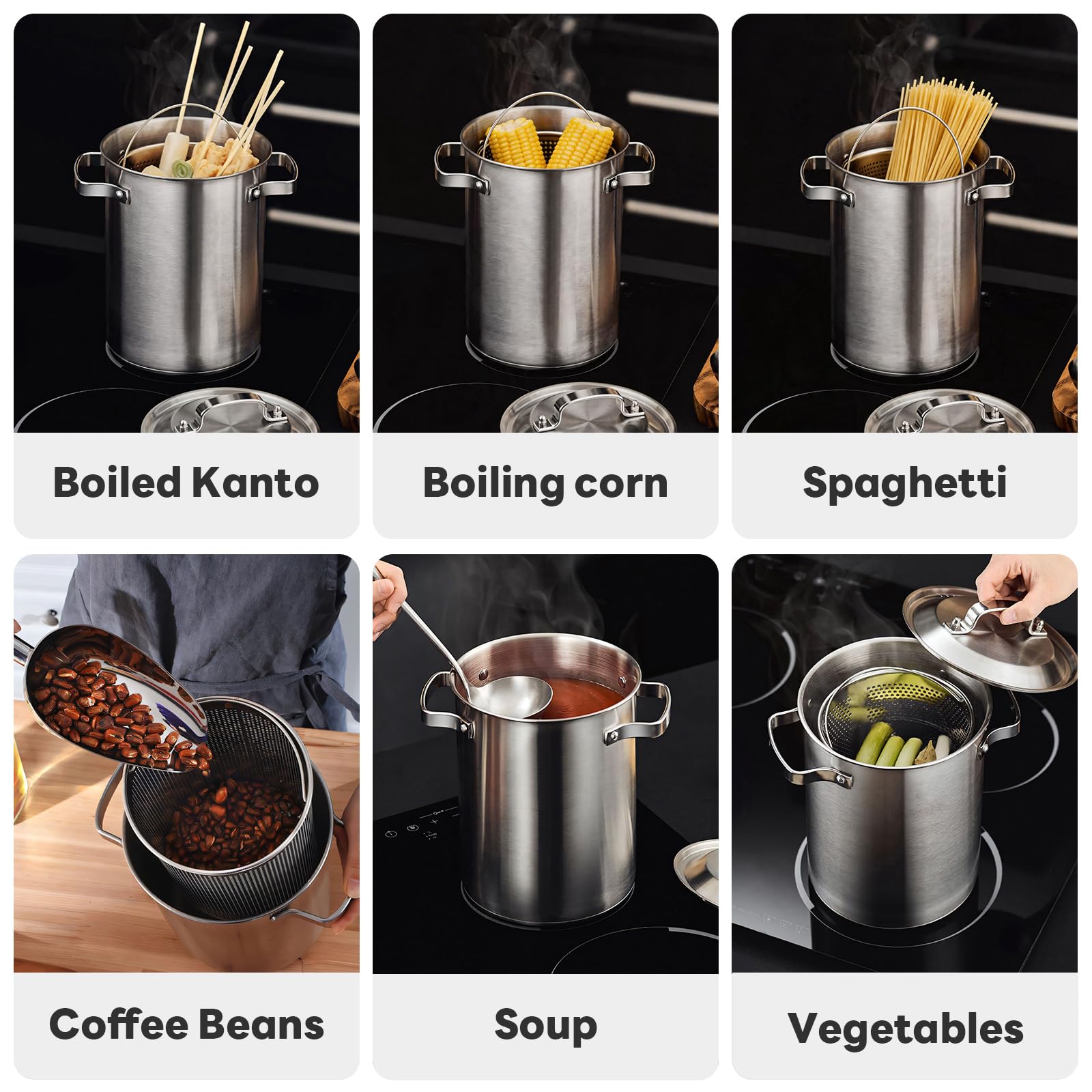 Olla de acero inoxidable para espárragos o pasta espaguetis con cesta de vapor perforada, tamaño alto y grande, utensilios de cocina versátiles