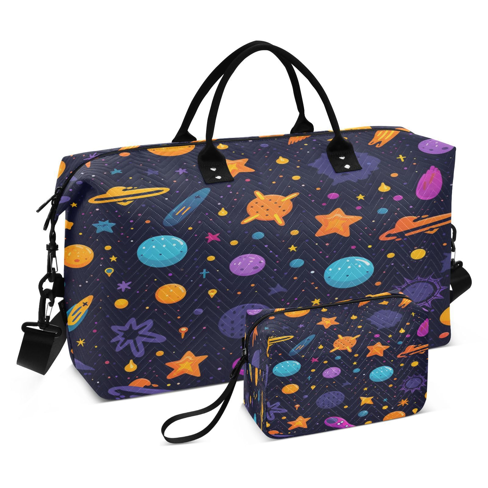 Cute Doodle Planets Space Sports Swim Gym Bag Weekender Duffel Travel Bags Handbag with Makeup Storage Bag for Girls Men