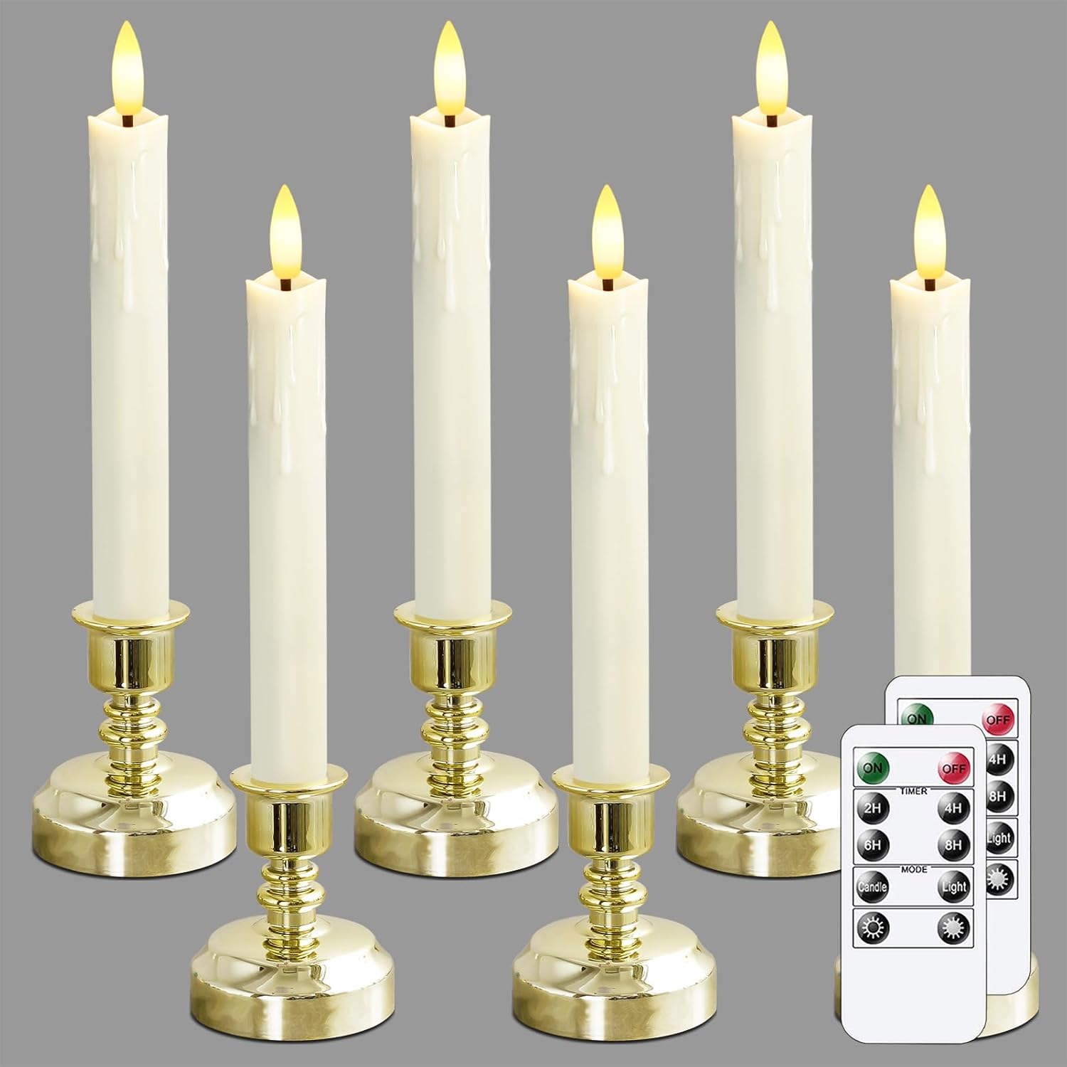 LED Window Candles with Holders and Remote Controls, Ivory Flameless Battery Operated Fake Taper Pack of 6 Candles with Timer Function (Gold Holder)