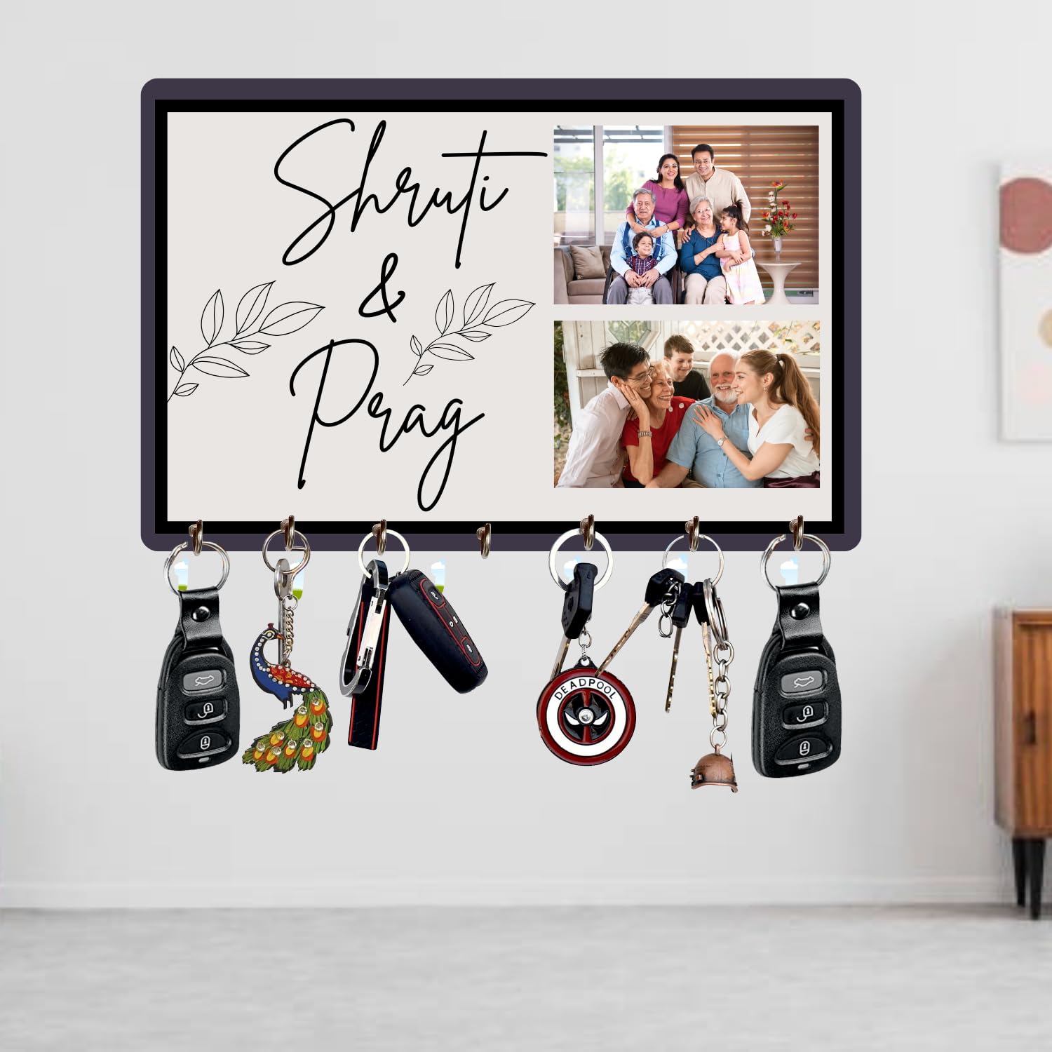 Webelkart Premium Customised Name with Image Upload Wood Key Holder, Personalised Key Holder for Home,Gift Items for Home Decor (12 x 10, 7 Hooks)