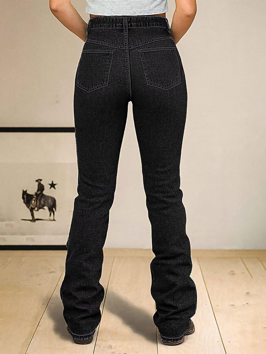 Flamingals Bootcut High Waist Wash Stitch Detail Button Up Women's Jeans Stretchy Trendy Denim Pants - Image 3