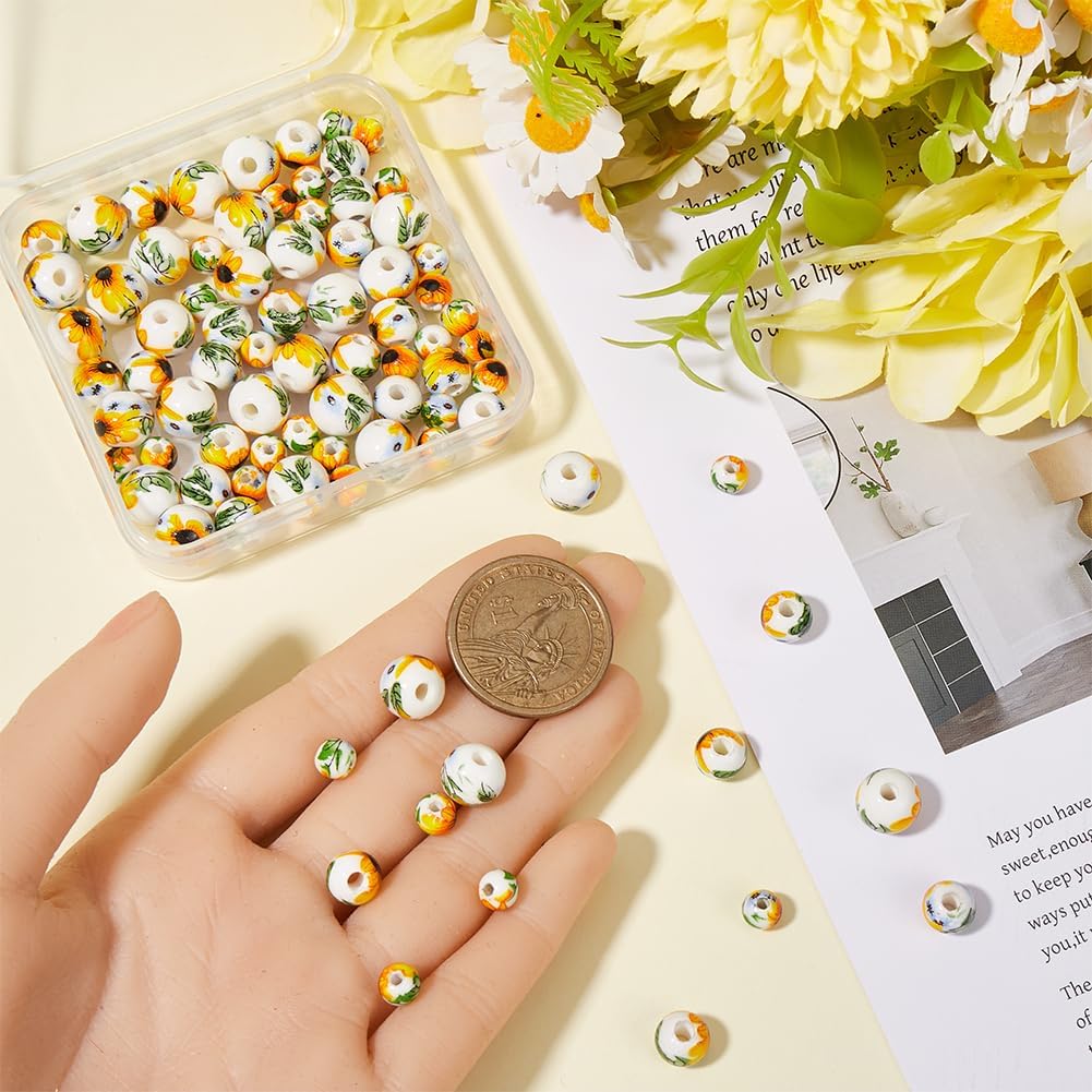 1 Box 100Pcs Ceramic Flower Beads Round Ceramic Beads Yellow Sunflower Porcelain 6mm 8mm 10mm Small Summer Floral Spacer Loose Bead for Jewelry Making Necklaces Bracelets Supplies DIY Crafts - Image 3