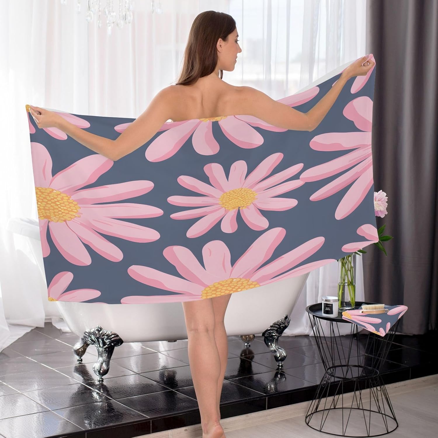 Hand Towels Premium Soft and Highly Absorbent Retro Pink Daisy 2 Pcs Towels for Bathroom Set 100% Cotton Decorative Face Towels