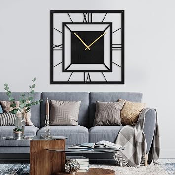 Metal Wall Clock Decor Wall Art Silent Battery Operated, Bold Quadrilateral Roman Numeral Wall Sculpture Clock Hanging Home Decoration for Living Room Bedroom, Kitchen Bathroom - 20" Black