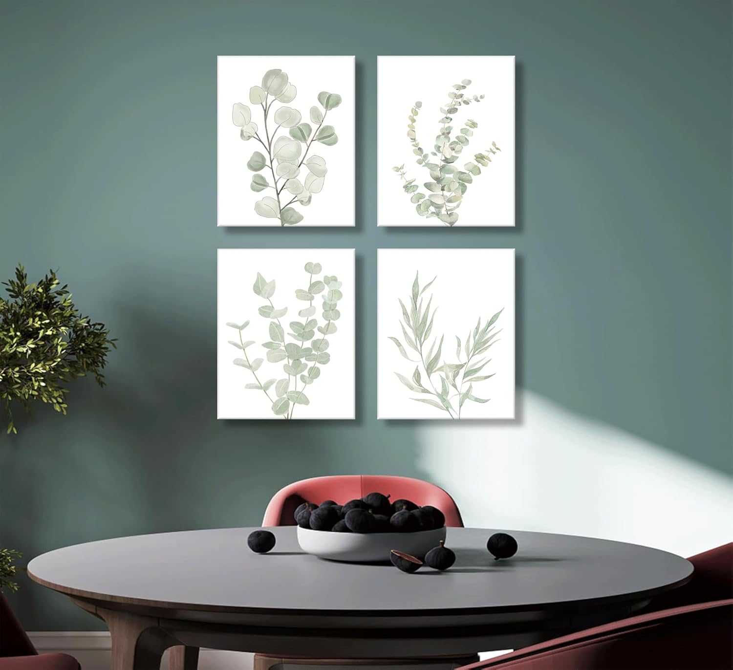 4pcs Sage Green Boho Wall Art Eucalyptus Posters Green plants Canvas Minimalist Plant Painting Modern Farmhouse prints Flower Leaves Prints Wall Decor framed