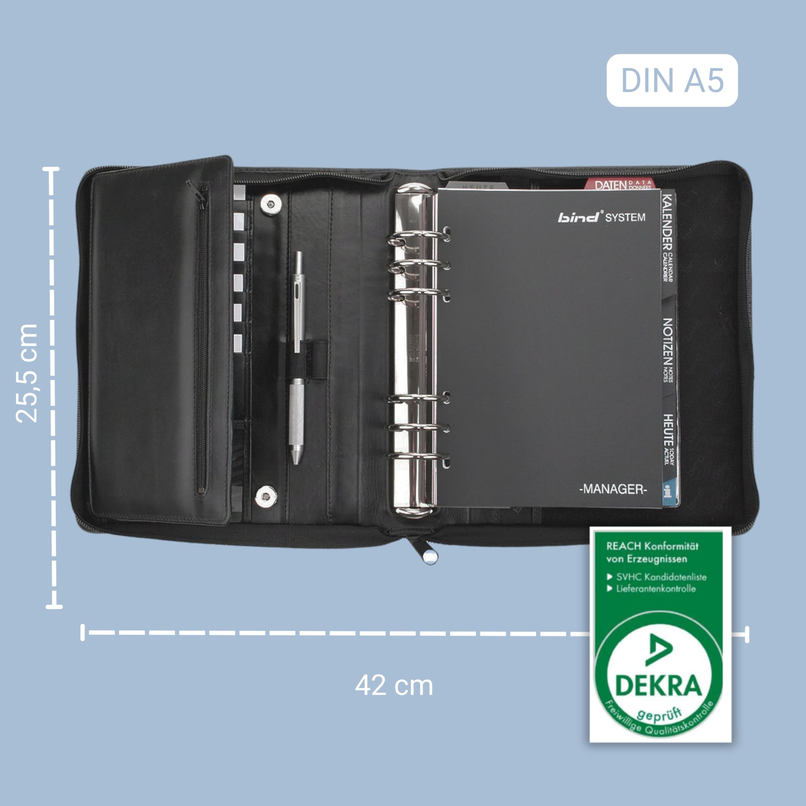 Bind T 301 - Managerplaner A5, Timeplaner aus Nappaleder, Systemplaner in schwarz, Terminplaner mit Systemeinlage Manager, Kalender 1 Tag = 1 Seite, Planer mit Reißverschluss, Timer ca. 25,5 × 21,5 cm [Office Product]