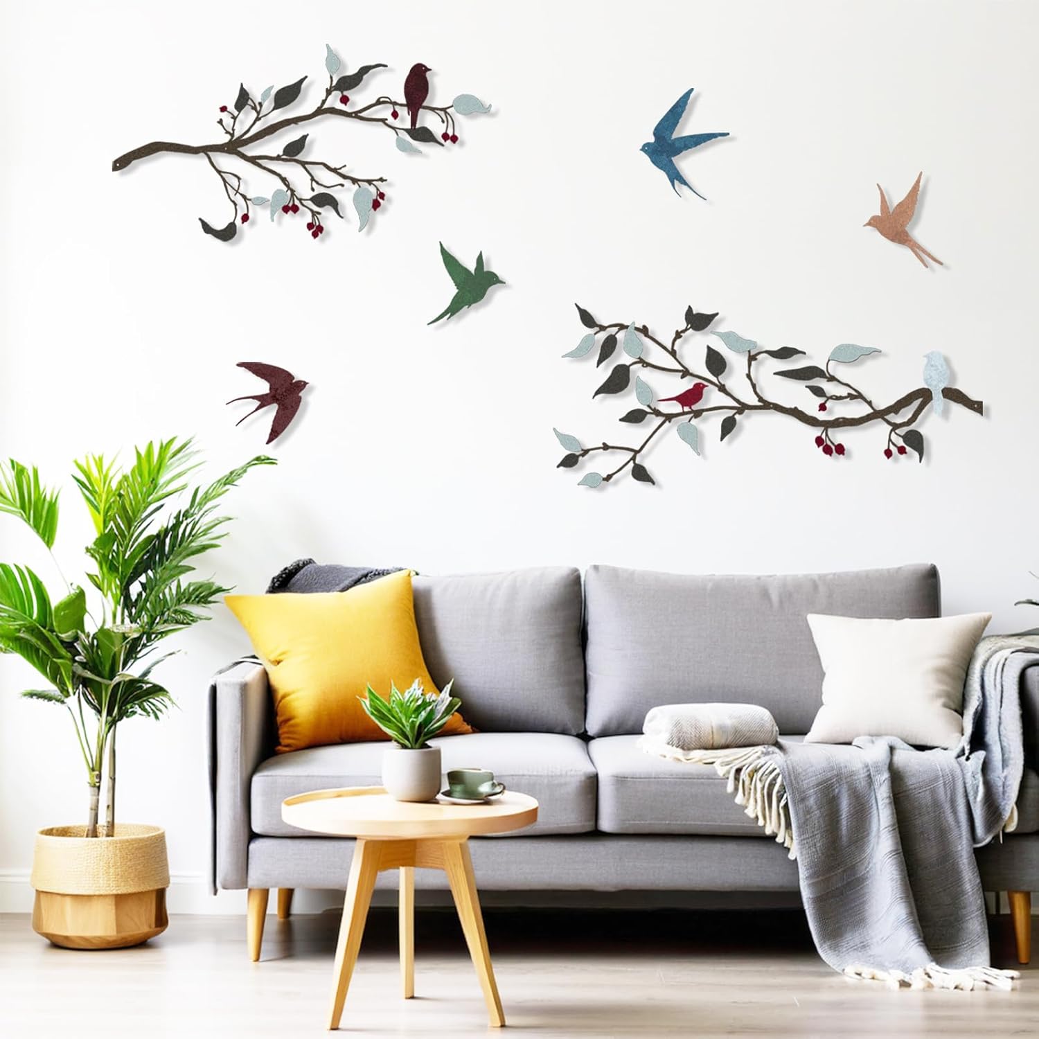 Harikikochuu Metal Birds Wall Decor, 4PCS Birds on the Branch Metal Silhouette Art (Colorful A)