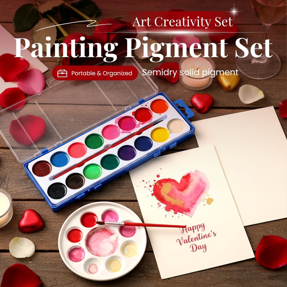 16 Colors Heart Watercolor Paint Set, Washable Watercolor Paint with Paintbrush, Gifts for Art Activities Painting Party Craft Accessories (1Set Heart)