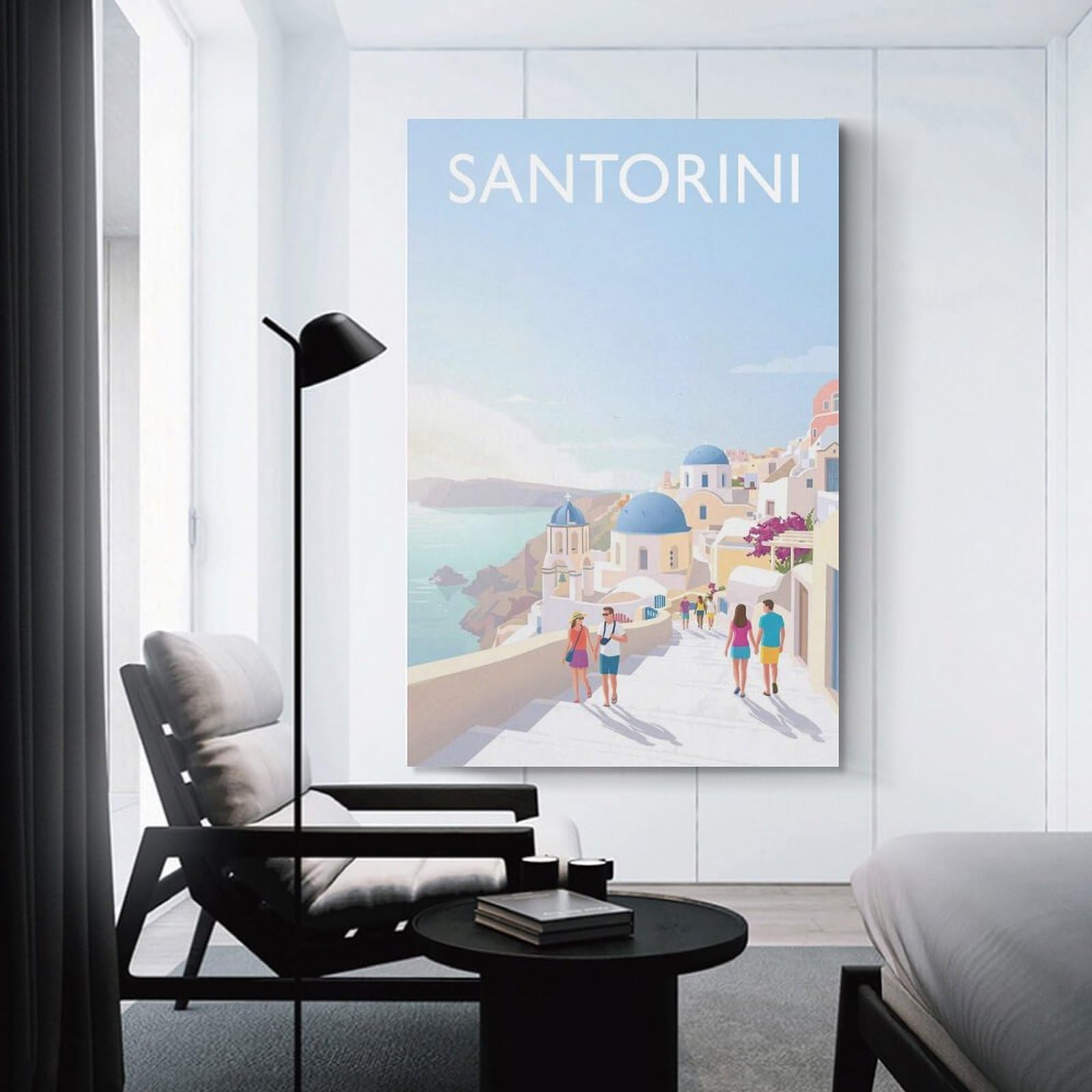Junmoney Hanging Wall Art Santorini Greece, 24x36inch(60x90cm), for Work Areas, Reading Rooms Or Studios, Wall Art That Adds Style to Work Areas
