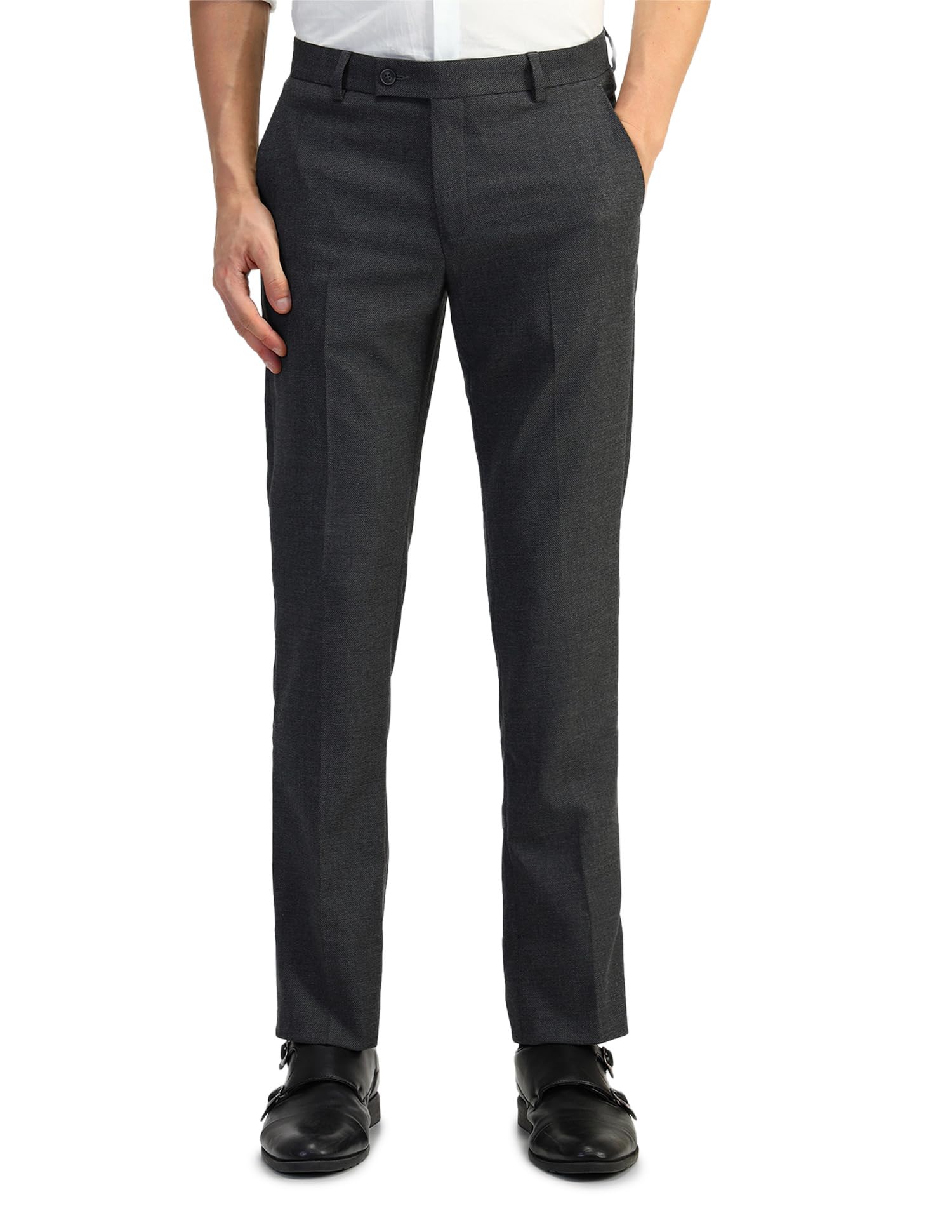 arrow Men's Grey Textured Mid Rise Polyester Button Tapered Fit Flat Front Slant Pocket Trousers-picture-21