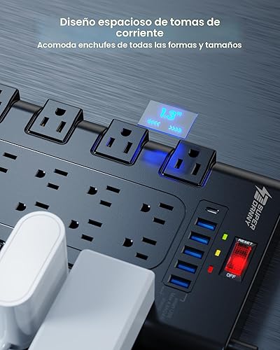 Miniatura 3 de Regleta de alimentación, SUPERDANNY - Protector contra sobretensiones con 22 tomas de corriente AC y 6 puertos de carga USB, 1875 W/15 A, 2100