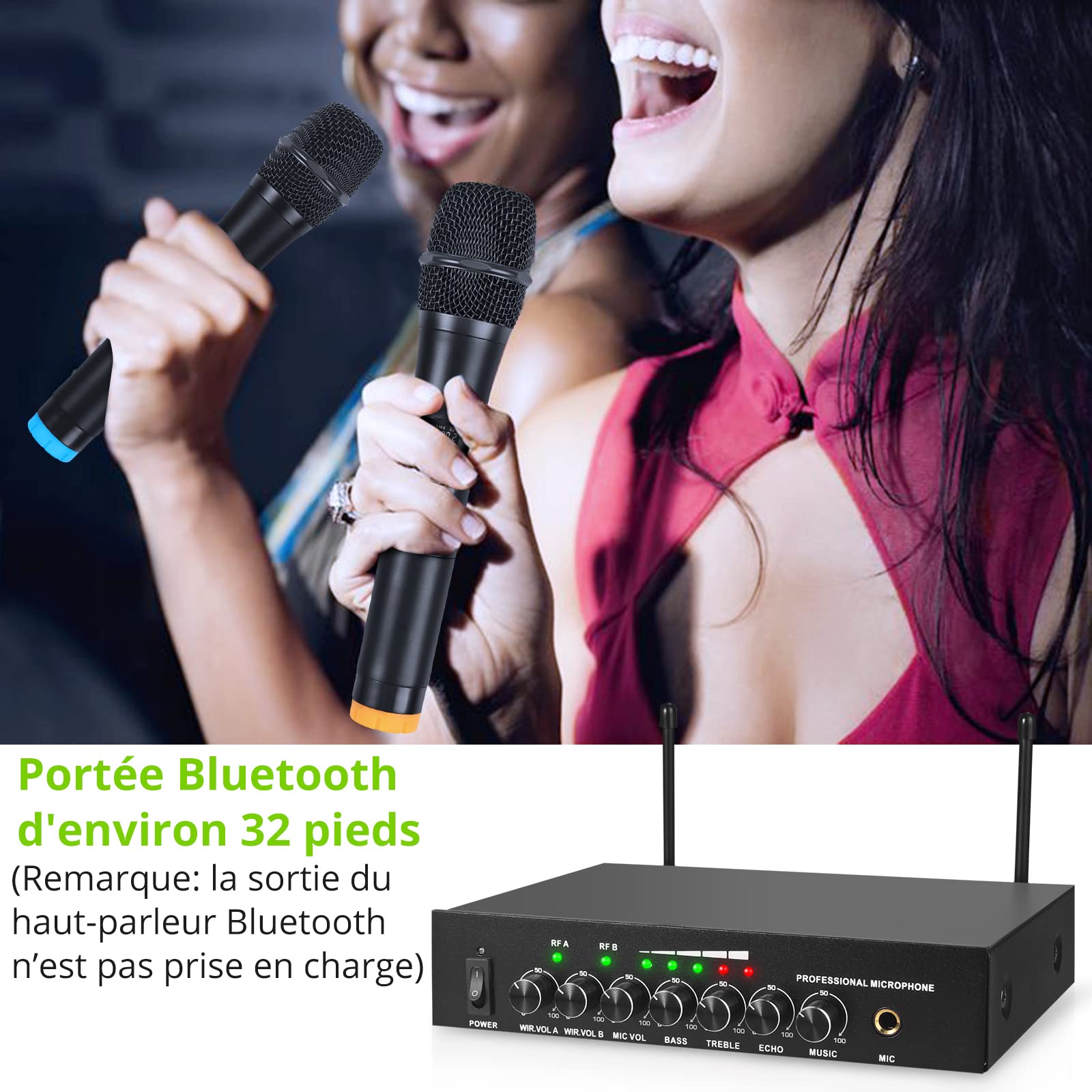 LiNKFOR Système Micro Sans Fil UHF 2 Canaux Écran Affichage Batterie Bluetooth 4.2 Réglage Écho/Aigus/Graves Extension 3ème Micro