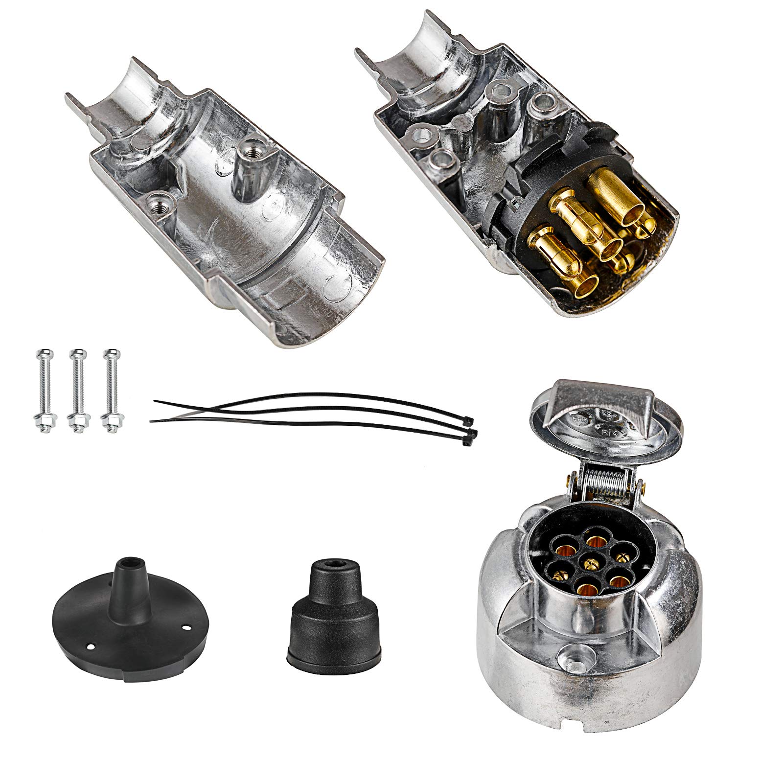 Spina e Presa per Rimorchio Metallo 7 Poli con Guarnizione in Gomma, 12V Connettore Presa Spina per Rimorchio Metallo 7 Poli Impermeabile, per Camion RV Barca Caravan (Lega di Alluminio)