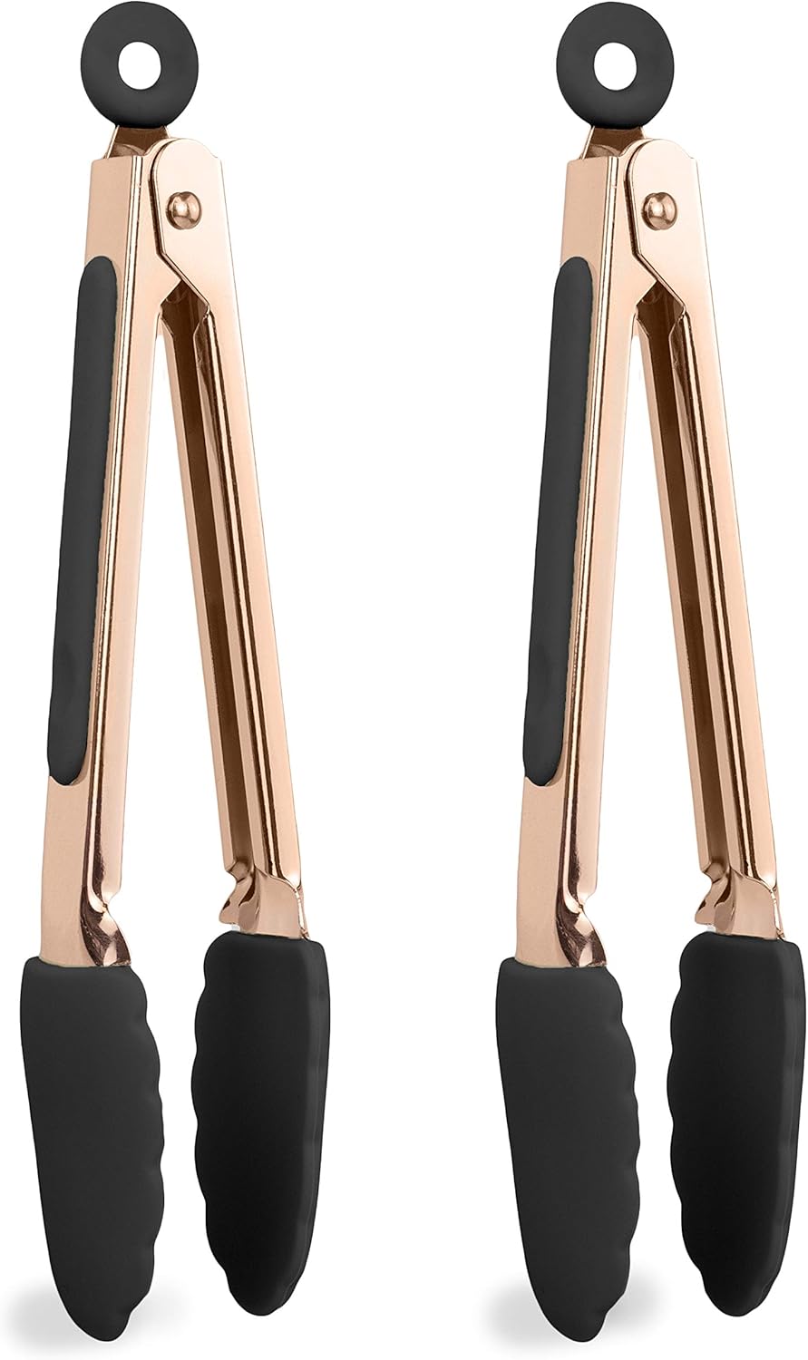 COOK WITH COLOR Stainless Steel Silicone Tipped Kitchen & BBQ Tongs Set, 8", Black 8" Black