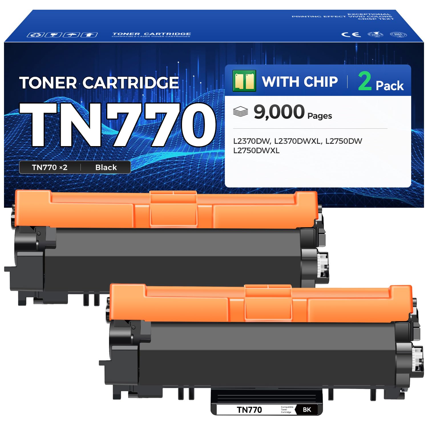 TN770 Toner Cartridge Black 2-Pack High Yield with chip Replacement for Brother TN-770 TN770 Toner Compatible with Brother HL-L2370DW HL-L2370DWXL MFC-L2750DW MFC-L2750DWXL Printer Ink All-in-One Copy
