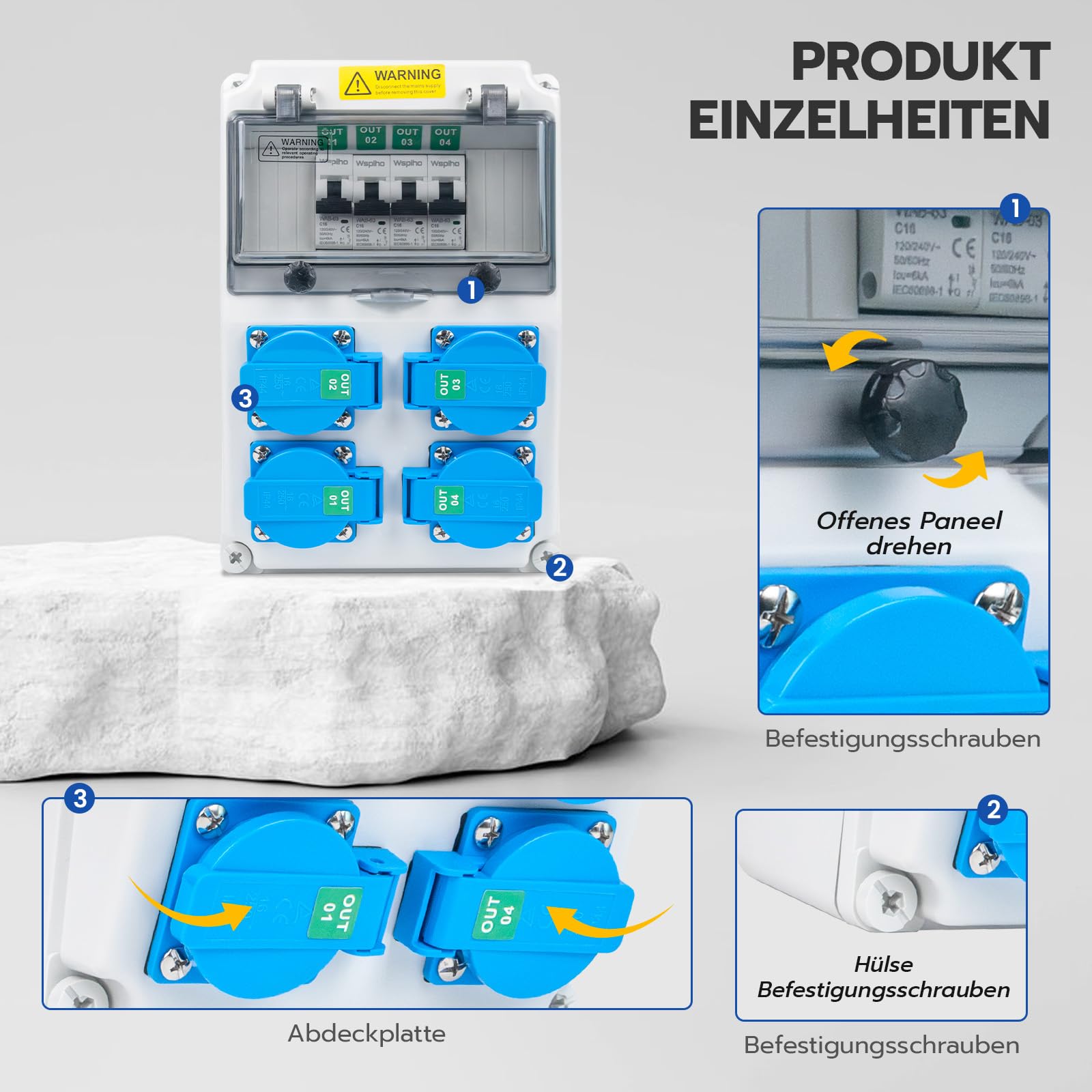 Baustromverteiler 16 A mit 1 Polig Leitungsschutzschalter,Wandverteiler mit 16 A Steckdose,Starkstrom verteiler Stromverteiler für Außenbereich Baustrom (4×16A 1P LS)