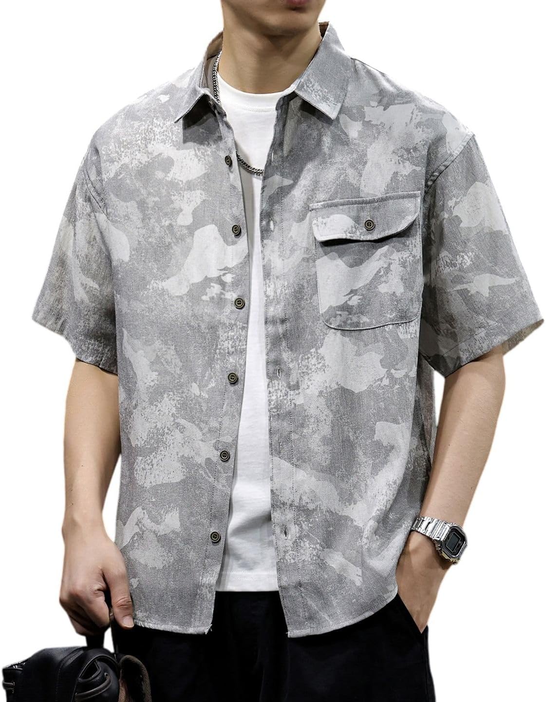 Men's Camo Ink Wash Cotton Short Sleeve Shirt Button Down Relaxed Fit