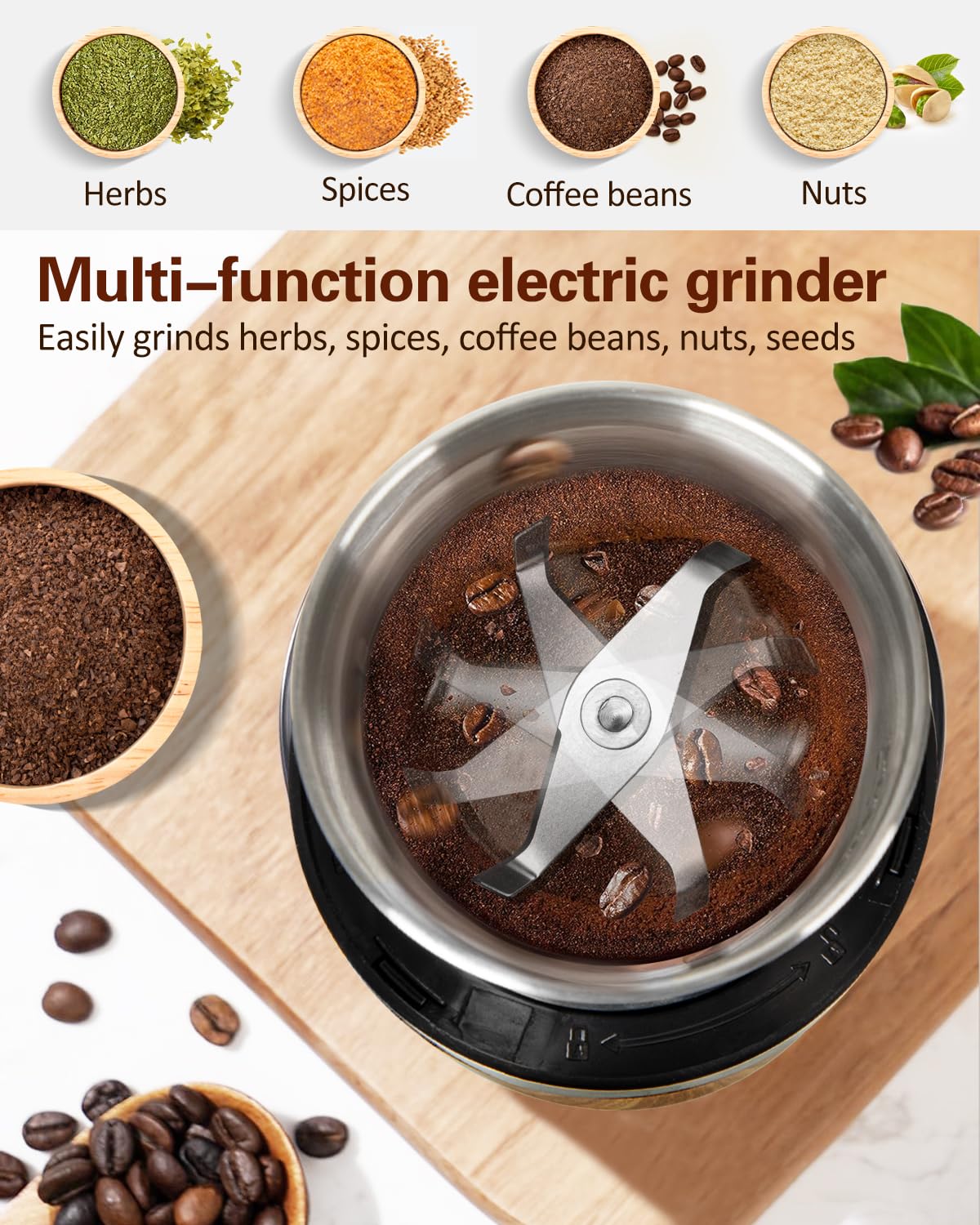 COOL KNIGHT Macina Caffe' Elettrico, Macinacaffè Elettrico Con Cucchiaino Per Caffè E 1 Tazza Di Macinatura In Acciaio Inossidabile. Capacità Di 100g, Adatto Per Spezie, Chicchi Di Caffè, Noci, Ecc.
