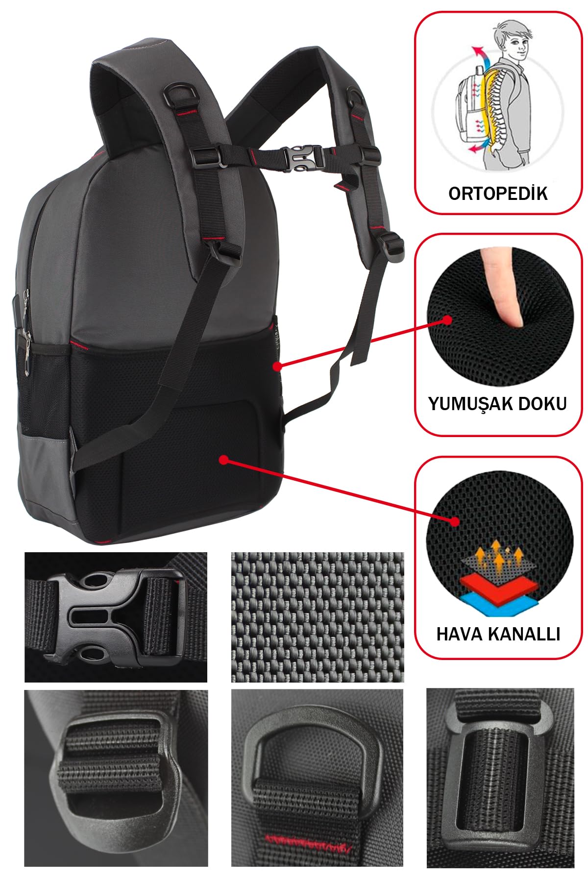 Dada 01 Laptop Dizüstü Bilgisayar Çantası 14"-15,6" inç Ortaokul Lise Üniversite Okul Çantası Unisex Gündelik Kadın Erkek Sırt Çantası Usb Type-C Aparat Darbe Emici Koruma Su Geçirmez Kumaş (Antrasit)