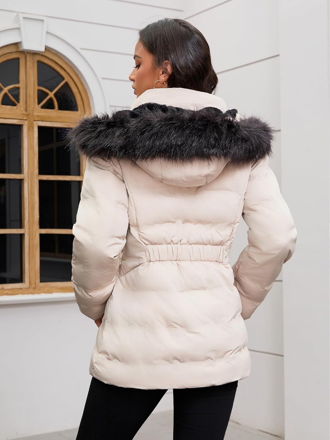 Women's Puffer Parka Winter Coat Warm Fleece Lined Jacket with Faux Fur Hood, Slant Pockets, Elastic Waist - Image 5