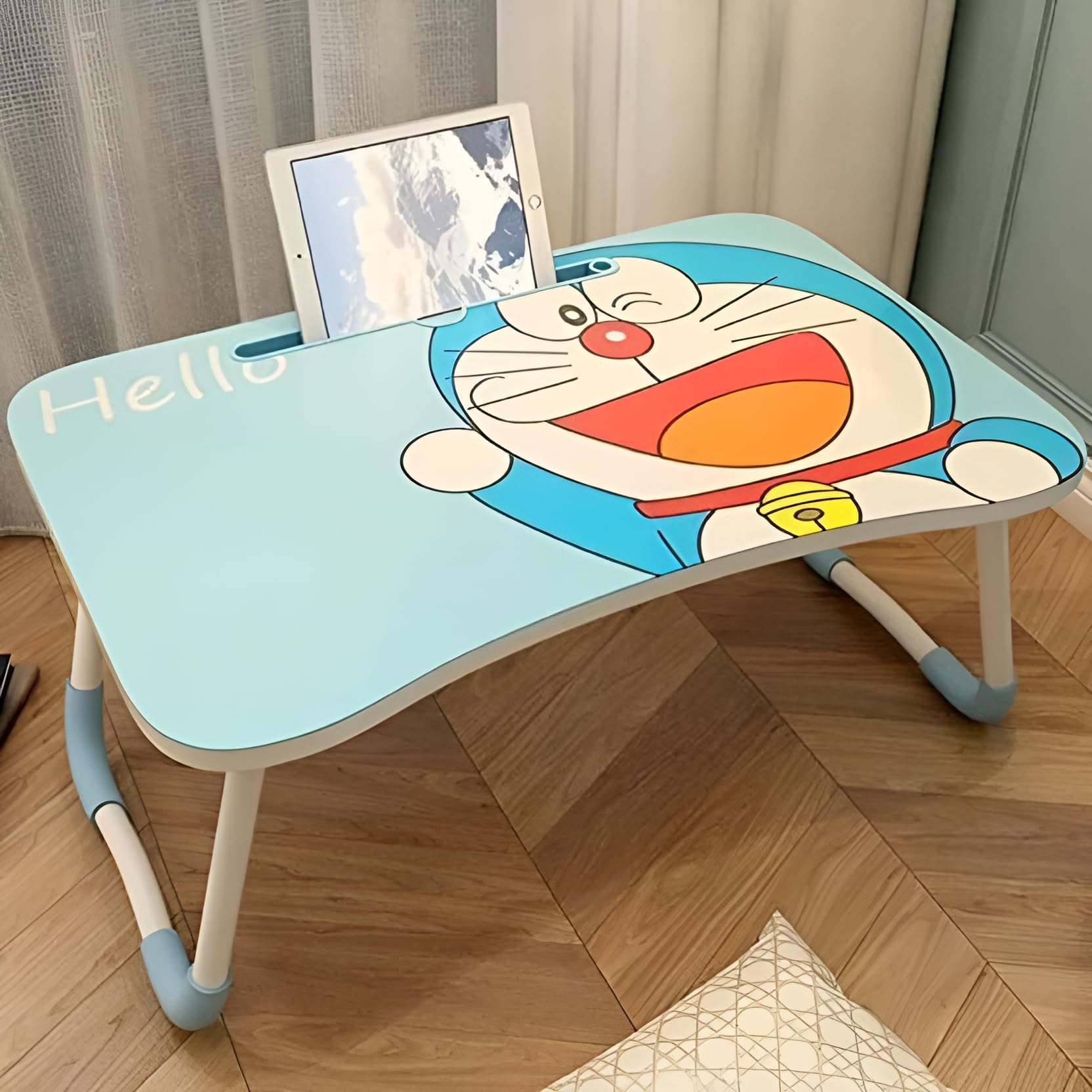 YAJNAS Drewniany, wielofunkcyjny, składany stół na laptopa z uchwytem na kubek i zakładki, uchwyt na stół, stół do nauki, stół śniadaniowy, składany i przenośny, zaprojektowany, Doremon