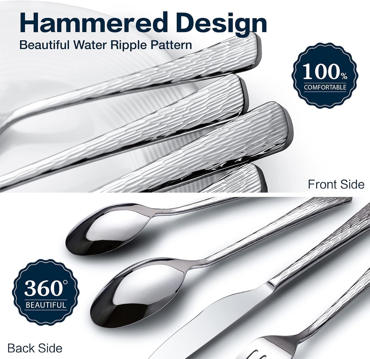 KINGSTONE Hammered Silverware Set, Flatware Set with Serving Utensils, 18/10 Stainless Steel Premium Cutlery with Unique Ripple Handles Design Mirror Polished - Dishwasher Safe (45-Piece)