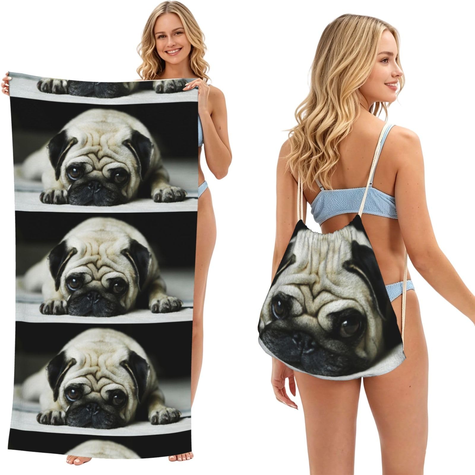 Poadnly As Picture Pug Dog, 2 In 1 Packable Towel Bag, Beach Towels With Drawstring Backpack For Travel Holiday Camping