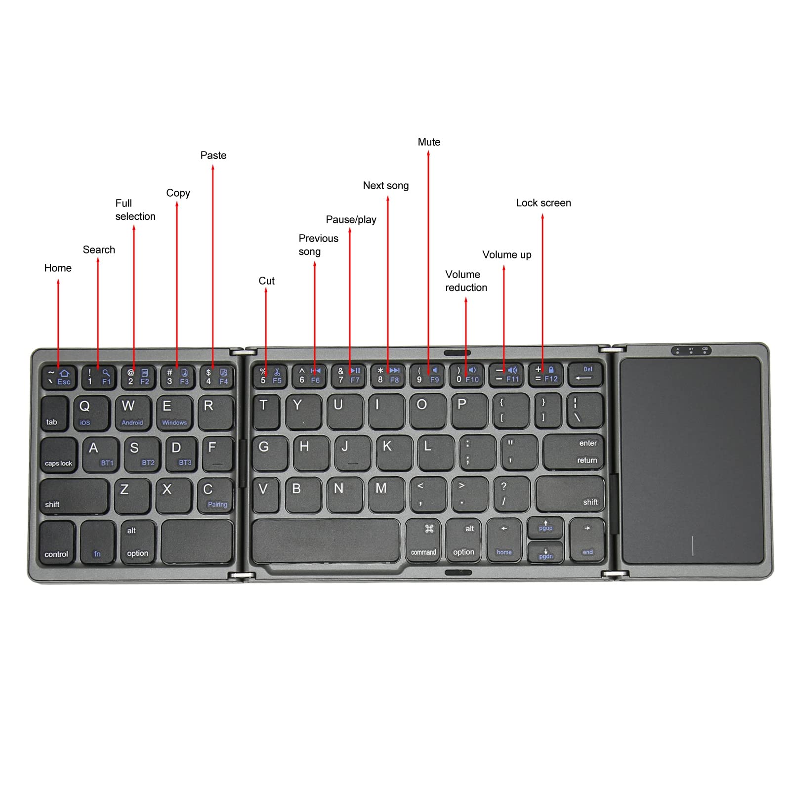 B089T Składana Klawiatura, Potrójnie Składana Przenośna Bezprzewodowa Klawiatura z Touchpadem, 64 Klawisze USB C Klawiatura Komputerowa dla Androida Laptop Tablet (Szary)