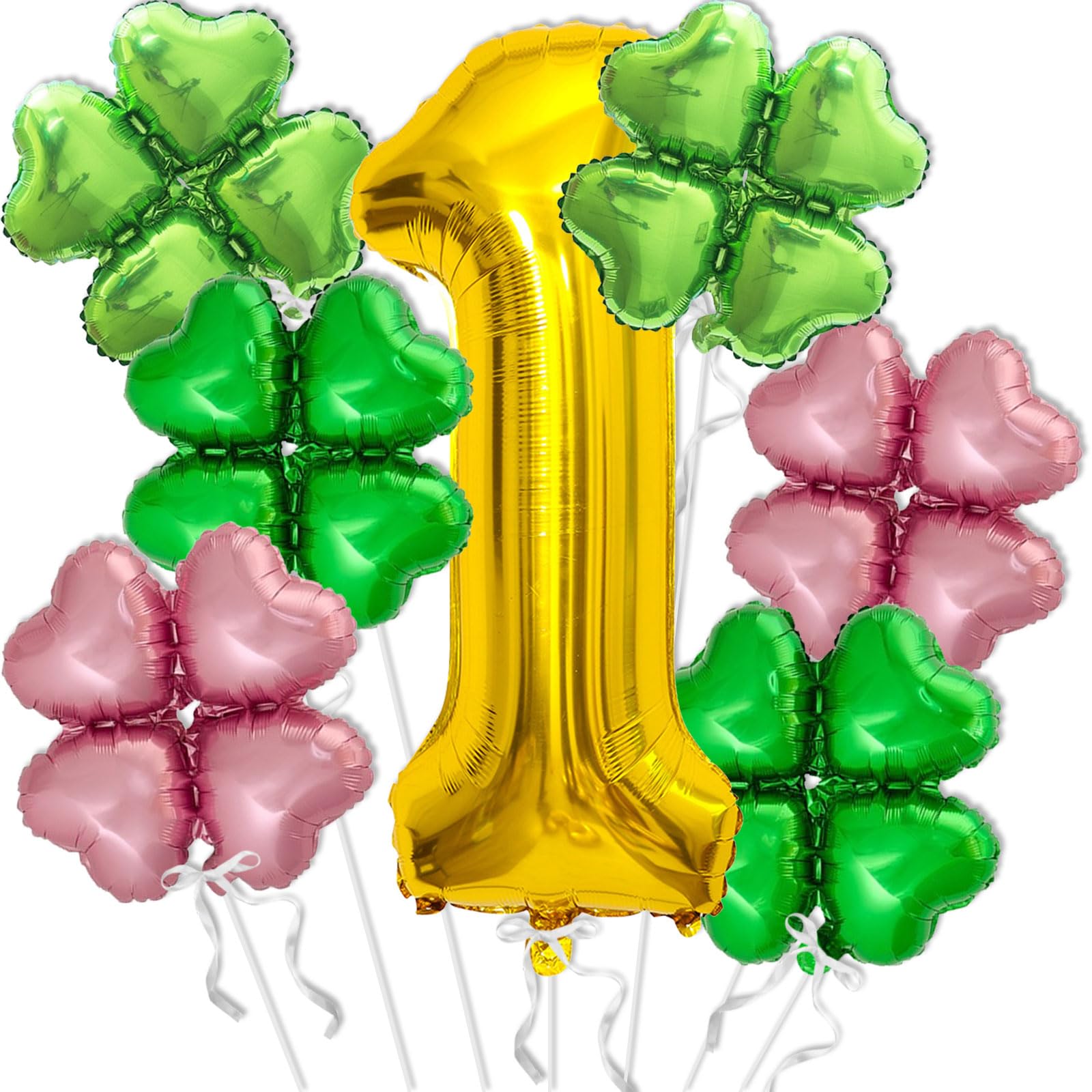 St Patricks Day Balloons First Birthday Party Supplies - 40 Inch Mylar Gold One Balloons - Green and Gold Shamrock Balloons for 1st St Patrick's Day Birthday Decorations (7Pcs)