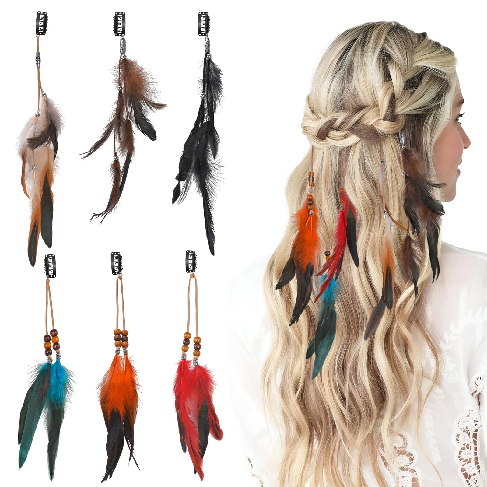 6Pcs Feather Hair Clip, Hair Feathers Extensions, Boho Hippie Festival Accessories