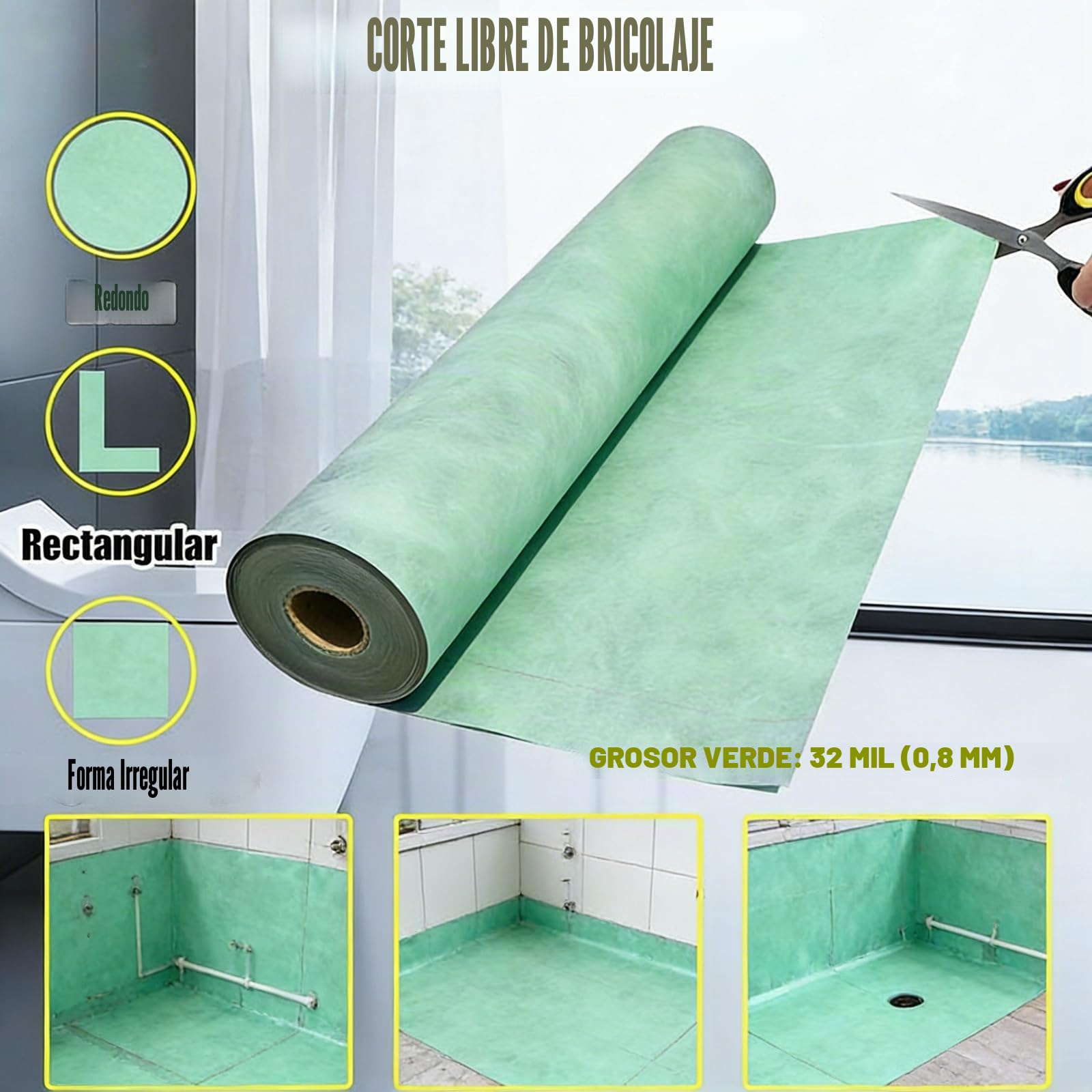 Tamaño Grande Lámina Impermeable Ducha para Baño Membrana Impermeabilizante Cinta Selladora para Zonas Húmedas para Baño, Ducha, Terrazas Balcón(Size:1.15x50m(3.7x164ft),Color:Verde)