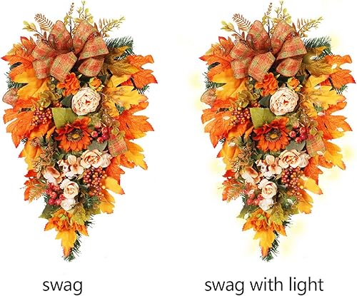 Miniatura 7 de Decoración decorativa de otoño para puerta delantera, 21.7 pulgadas, con hojas de otoño, girasoles artificiales, bayas para Acción de Gracias,