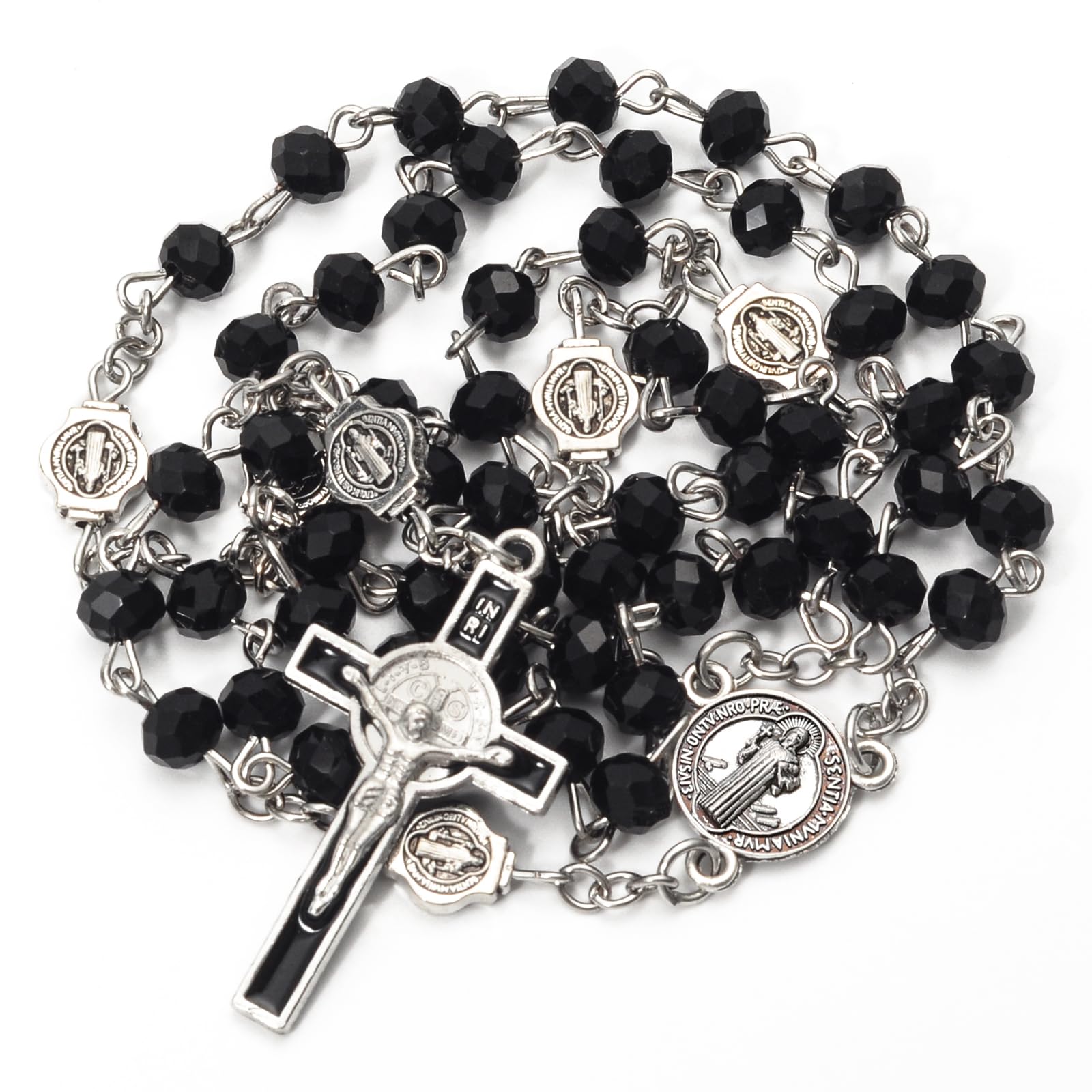 SZQCZB Rosary Beads Catholic for Men and Boy, Black Cystal Rosary Beads, St.Benedict Center Piece and Crucifix with Miraculous Gift Box and 18pcs Prayer Cards