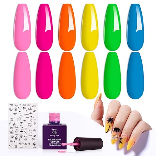 Juego de esmaltes de gel de neón, 6 colores, esmalte de uñas de gel rosa intenso, amarillo, azul, naranja, con calcomanías de uñas de estilo