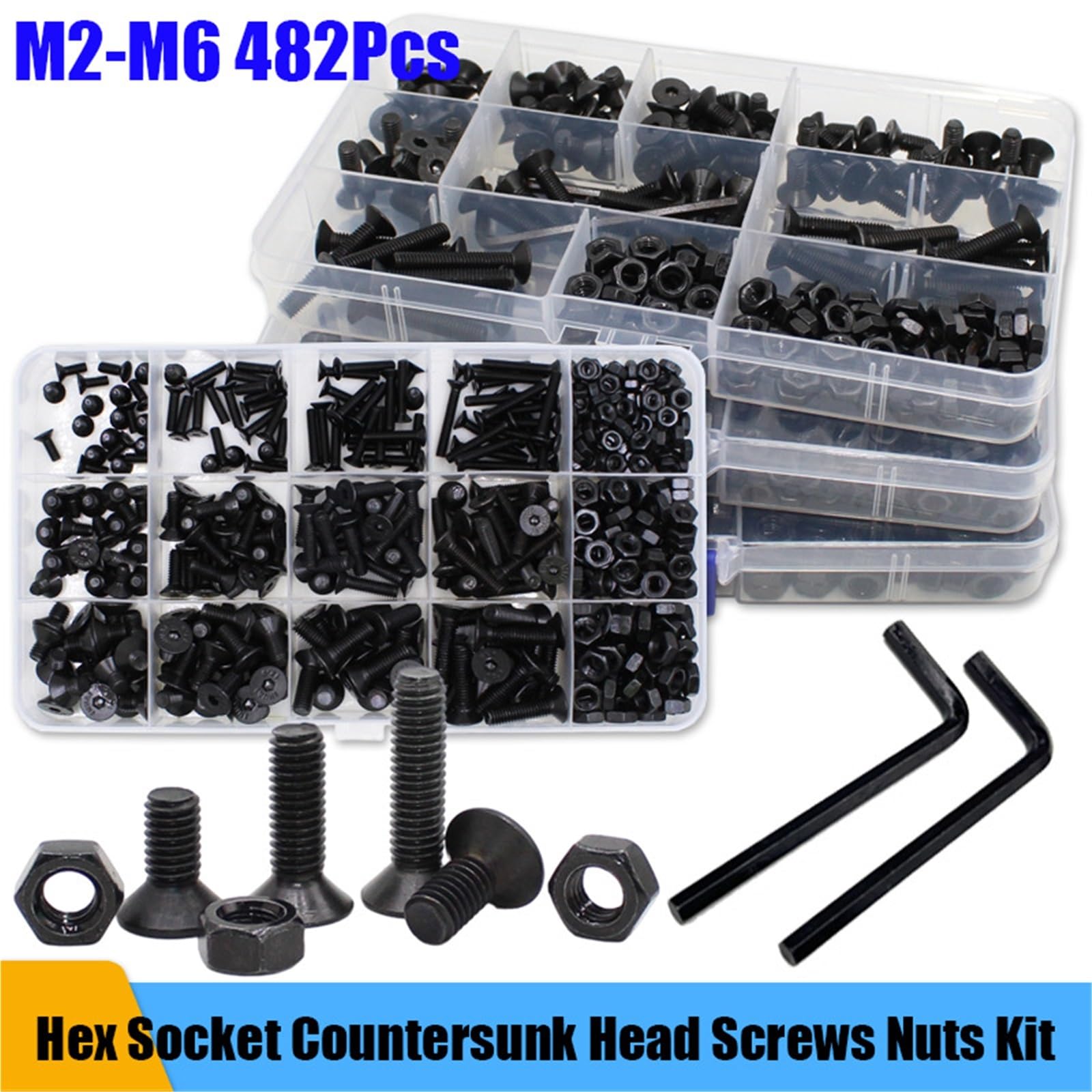 Juego De Tornillos Y Tuercas Kit de tornillos cabeza avellanada plana, hexagonal, M2, M3, M4, M5, M6, juego y tuercas acero al carbono negro(M6 142pcs)